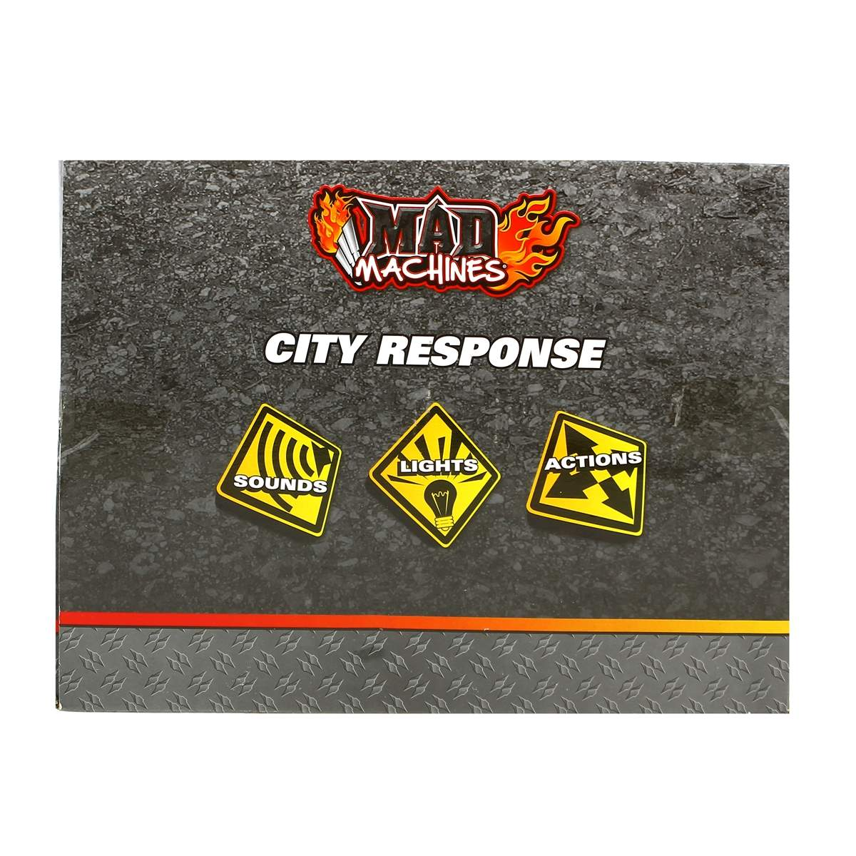 Arte de caja para un juguete Mad Machines City Response. Tiene un logotipo, texto e iconos para sonidos, luces y acciones.