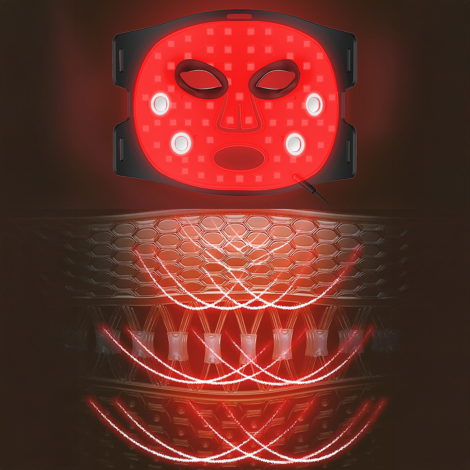 Eine rote LED-Gesichtsmaske mit Augen- und Mundöffnungen. Sie hat einen schwarzen Rahmen. Darunter ist eine strukturierte Platte rot beleuchtet.
