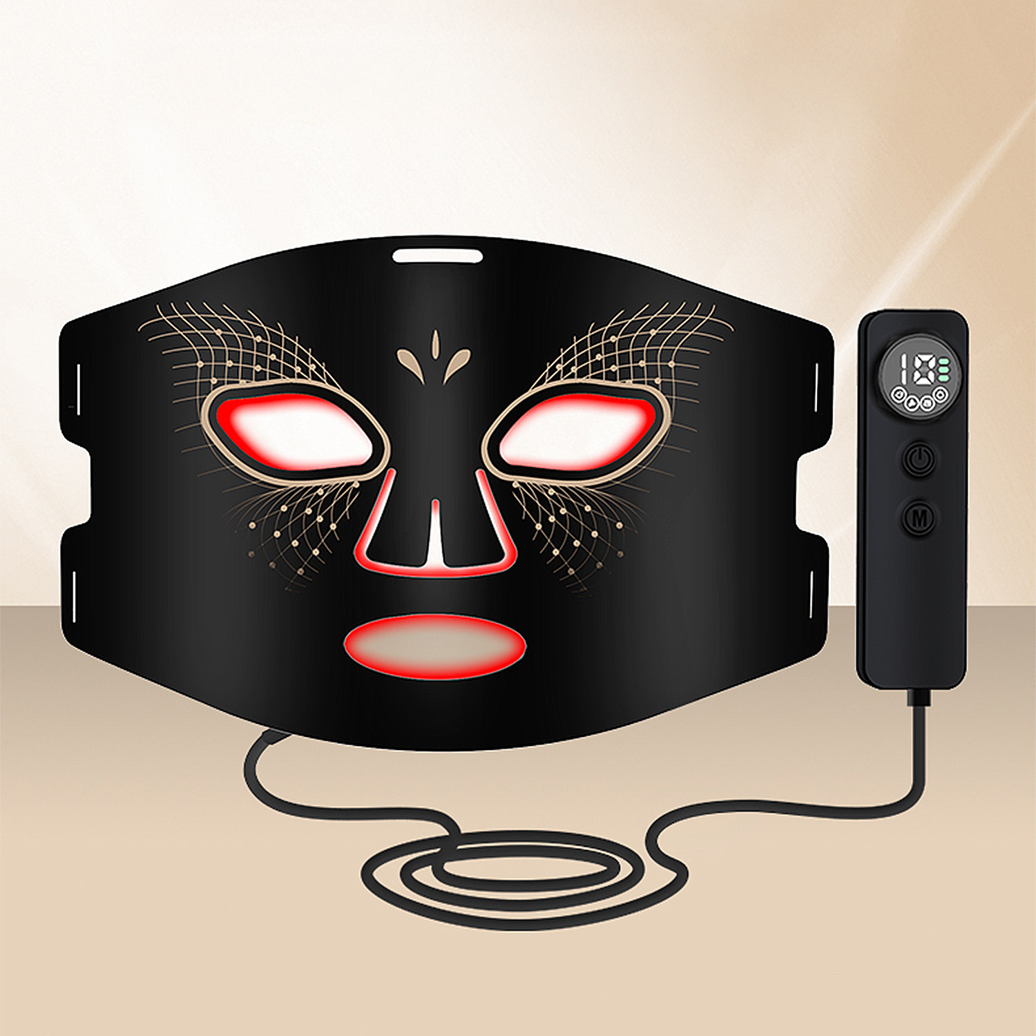 Eine schwarze LED-Gesichtsmaske mit roten Lichtern, verbunden mit einer Fernbedienung. Die Maske hat einen Nasen- und Mundaussparung.