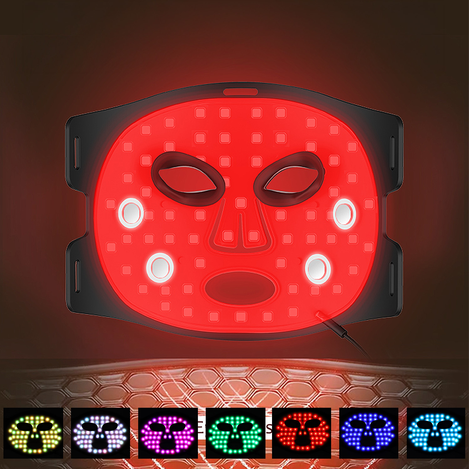 Eine rote LED-Gesichtsmaske mit schwarzen Trägern. Sie hat Löcher für Augen, Nase und Mund. Unten gibt es Farbvariationen.