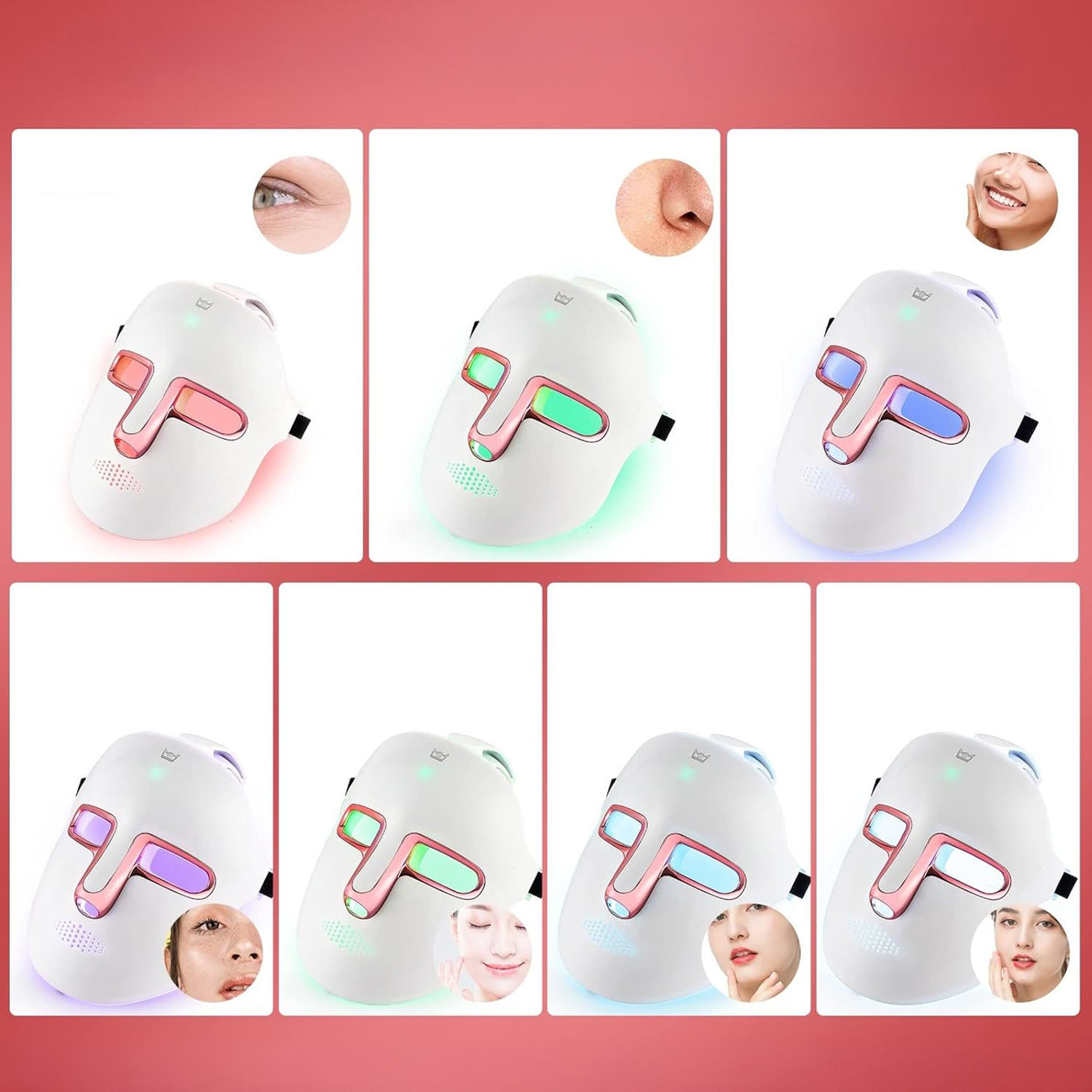 Una maschera facciale a LED bianca con diverse impostazioni di luce. Primi piani della pelle dell'occhio, del naso e del viso sono negli angoli.