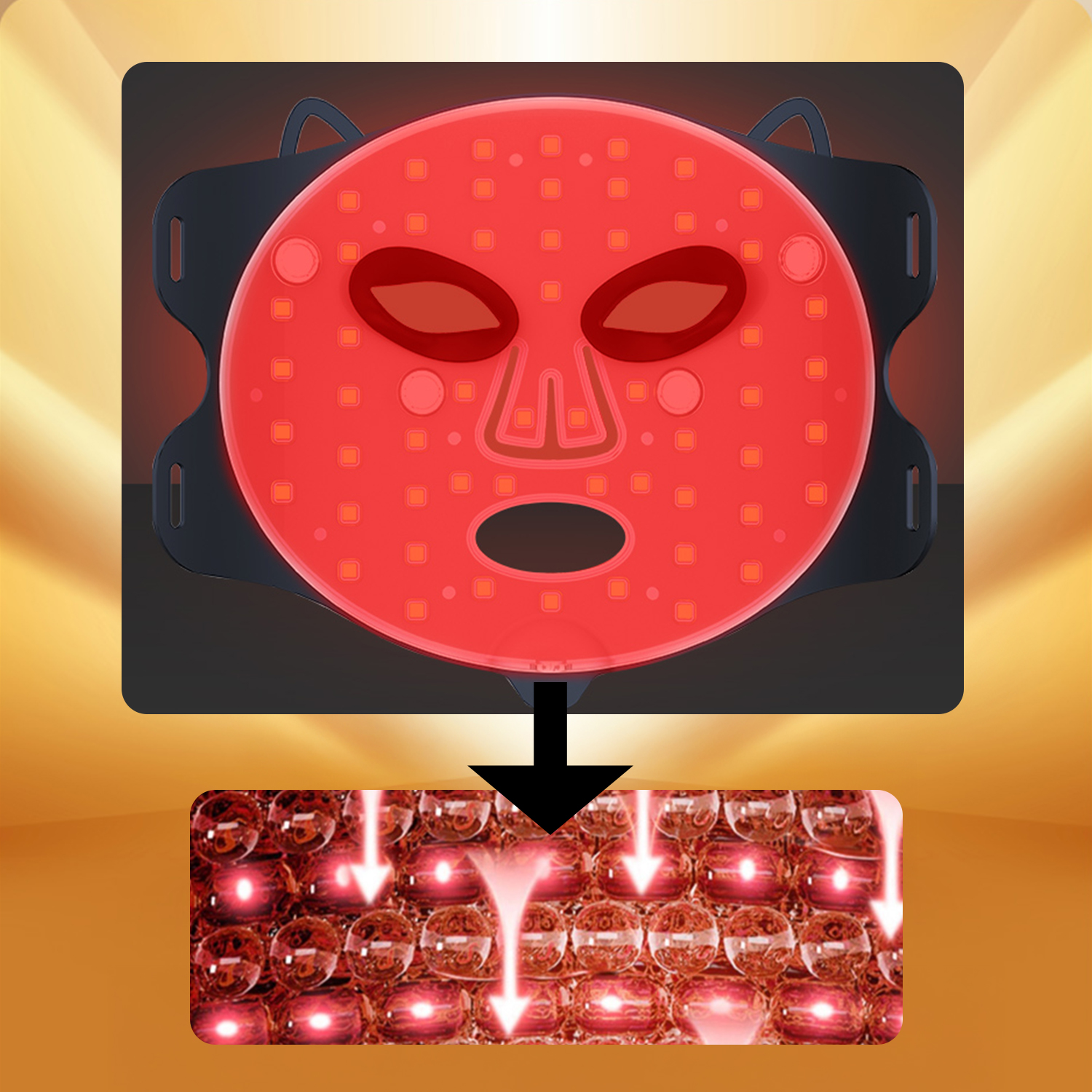 Rote LED-Gesichtsmaske mit schwarzen Riemen. Darunter zeigt eine vergrößerte Ansicht rotes Licht, das in Hautzellen eindringt. Der Hintergrund ist orange.