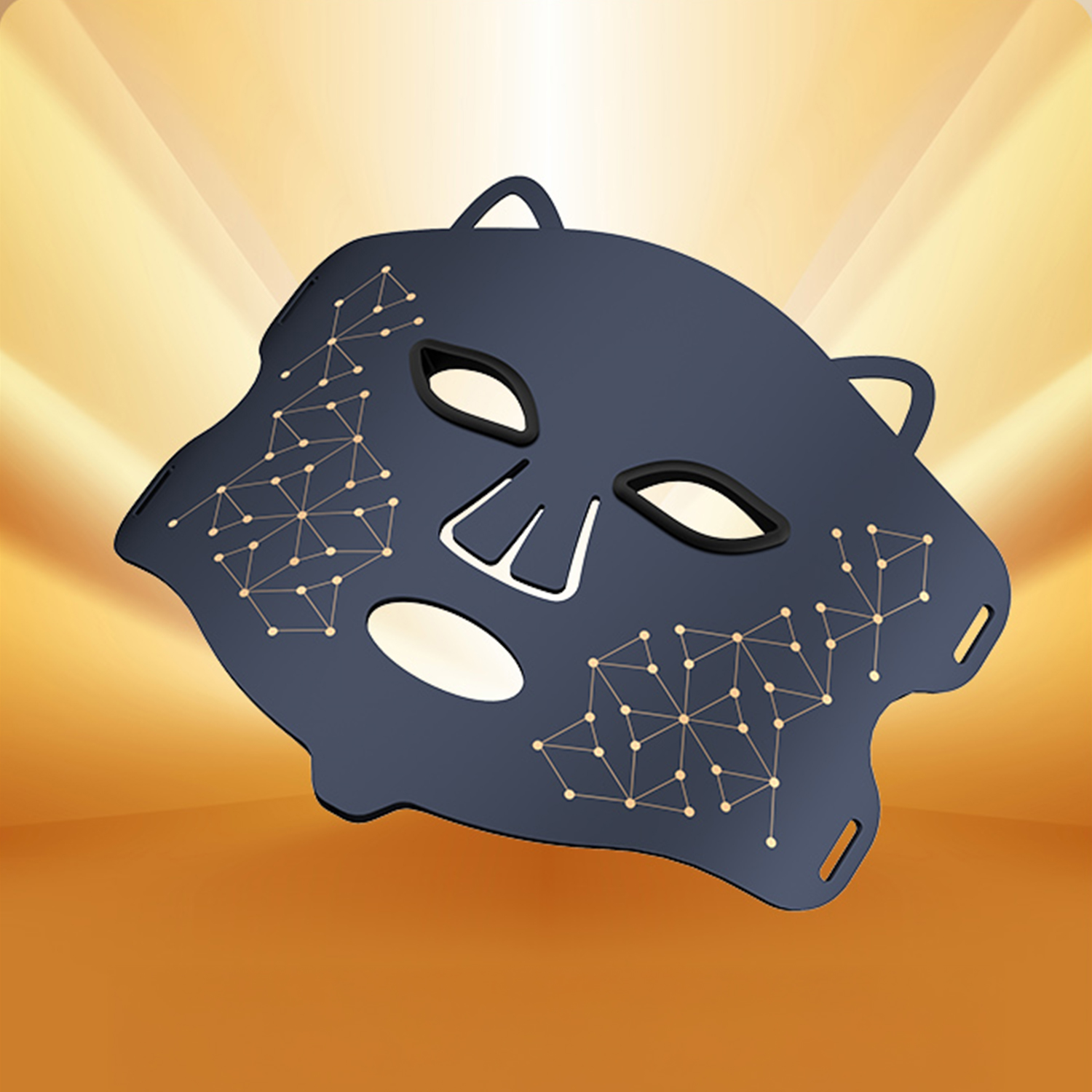 Eine dunkelblaue Gesichtsmaske mit Augen- und Mundöffnungen. Sie hat goldene, verbundene Punkte und einen orangefarbenen Hintergrund.