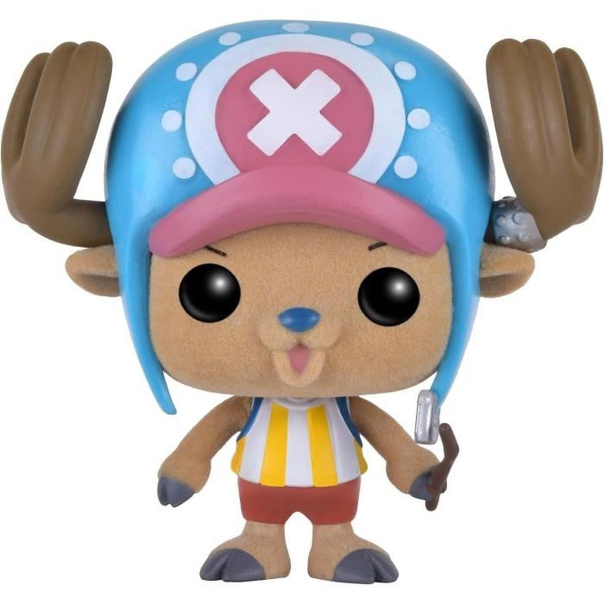 Eine Chopper-Figur, blauer Helm mit Kreuz, rosa Visier, braune Hörner, beiger Körper, rote Shorts, gelb gestreiftes Hemd.