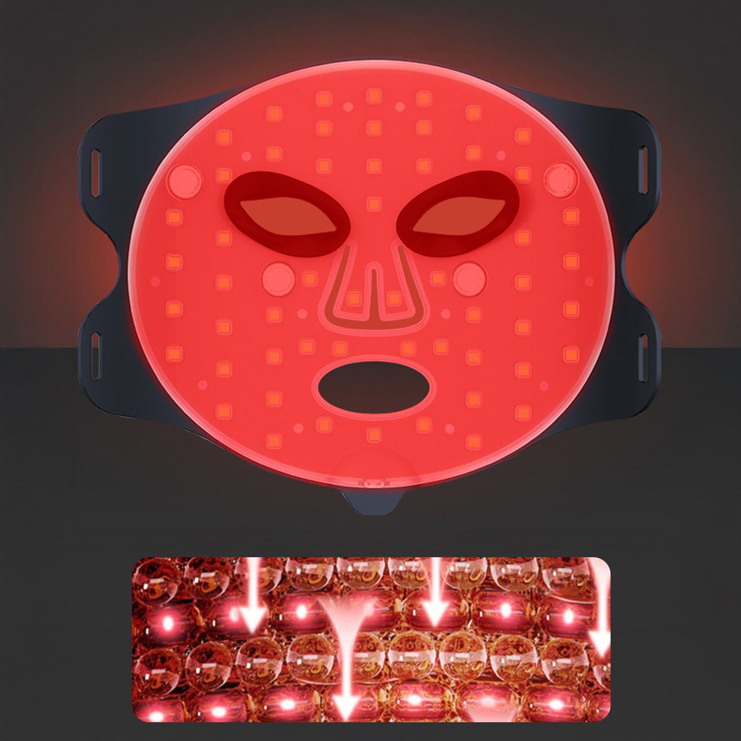 Eine rote LED-Gesichtsmaske mit Augen- und Mundöffnungen, umgeben von schwarzen Riemen. Darunter eine Nahaufnahme der Rotlichttherapie.