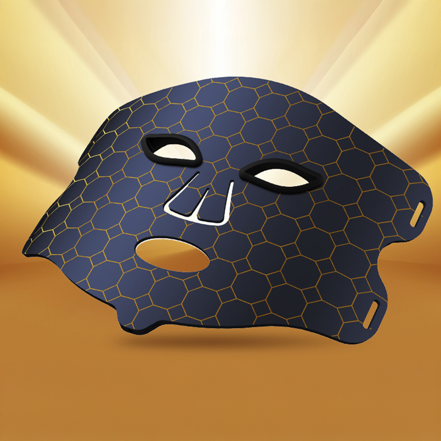 Eine dunkelblaue Gesichtsmaske mit Wabenmuster und Aussparungen für Augen, Nase und Mund, vor orangefarbenem Hintergrund.