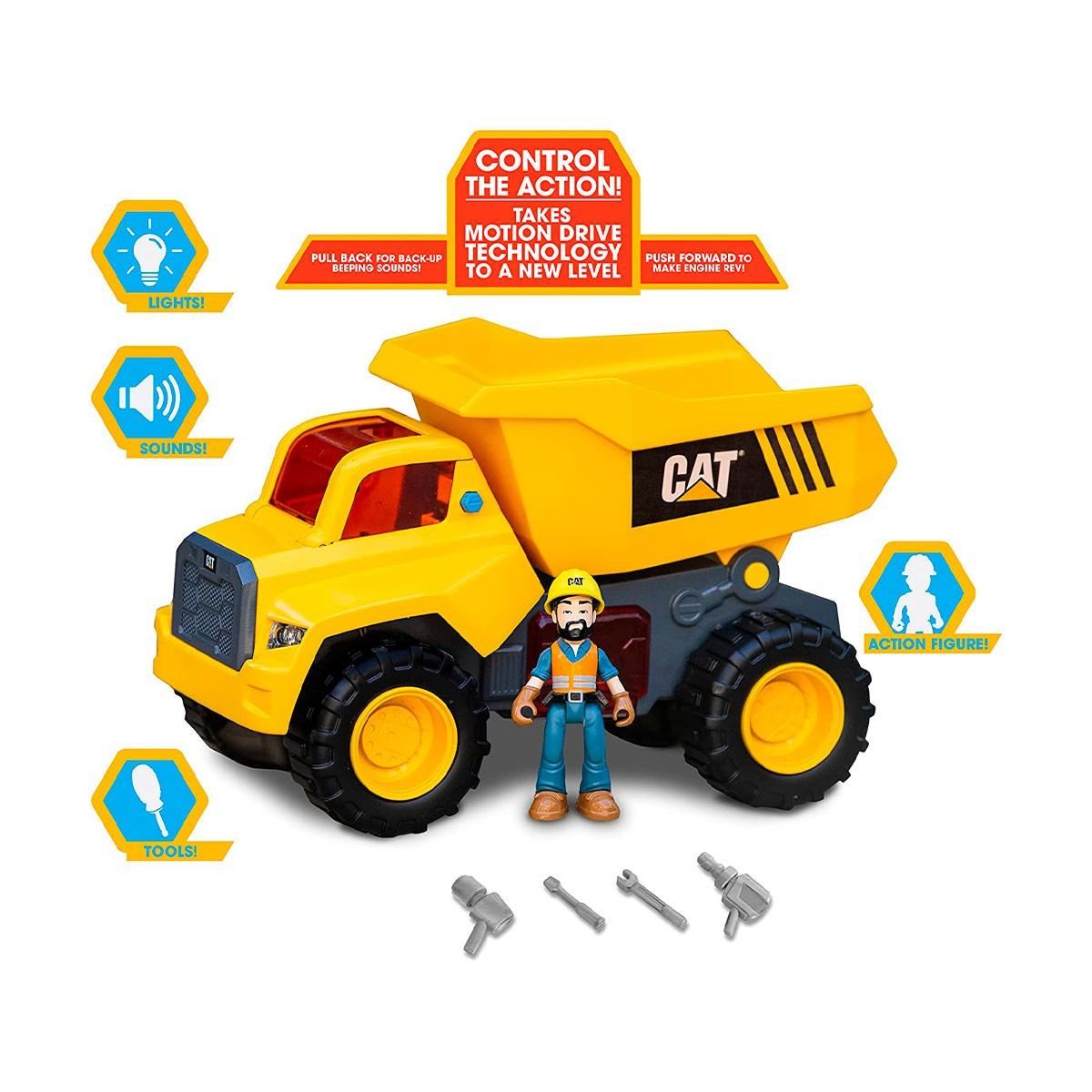 Un camion ribaltabile CAT giallo con una figura di operaio edile e attrezzi. Il camion ha luci e suoni.