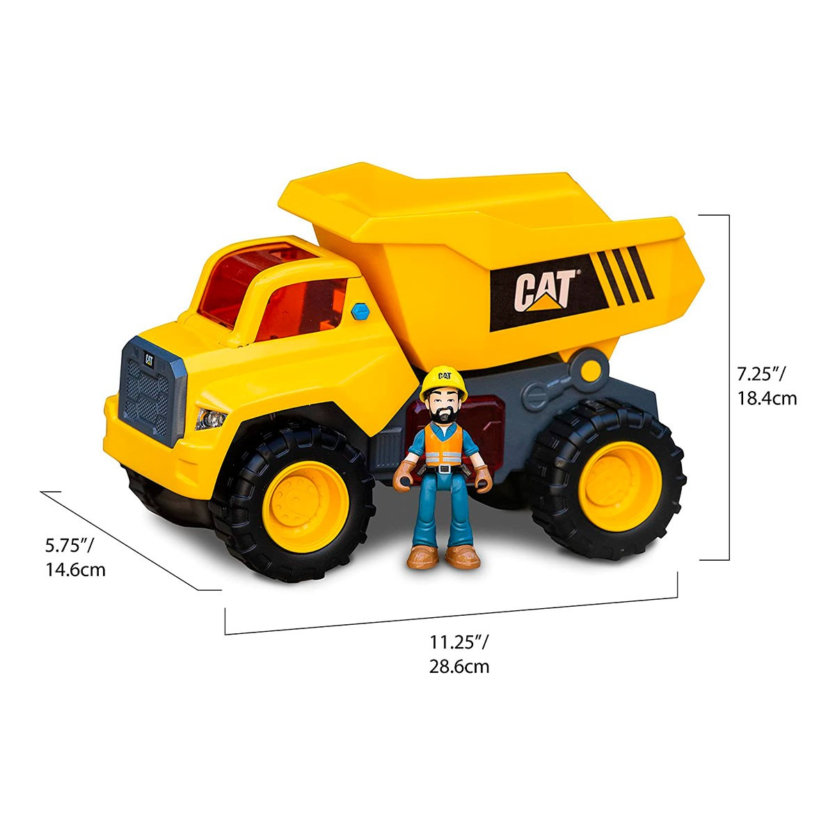 Un camion giocattolo CAT giallo con una figura di operaio edile. Il camion ha pneumatici neri e un logo CAT. La figura indossa un casco.
