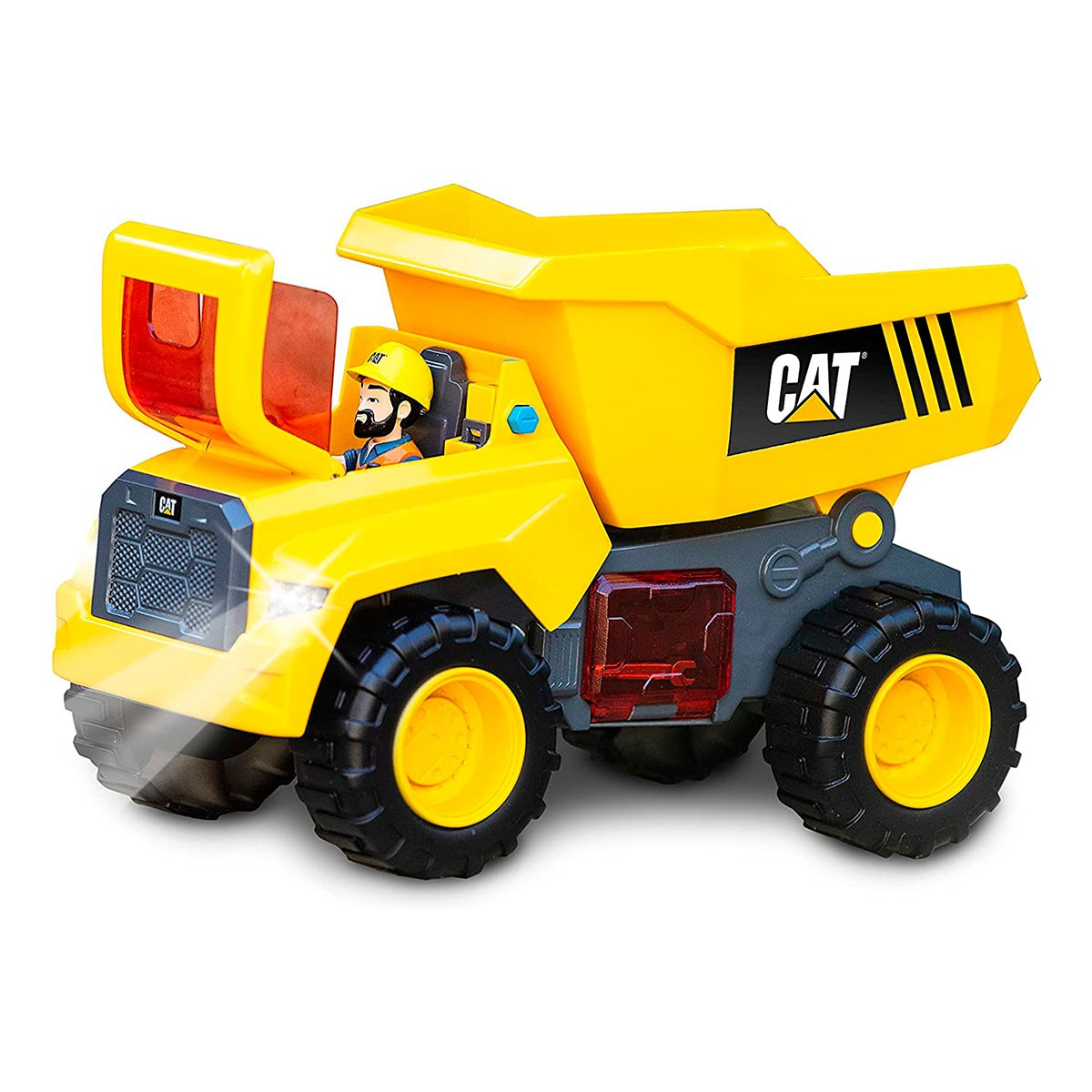 Un camion giocattolo ribaltabile CAT giallo con una figura di guidatore. Il camion ha pneumatici neri ed è visibile il logo CAT.