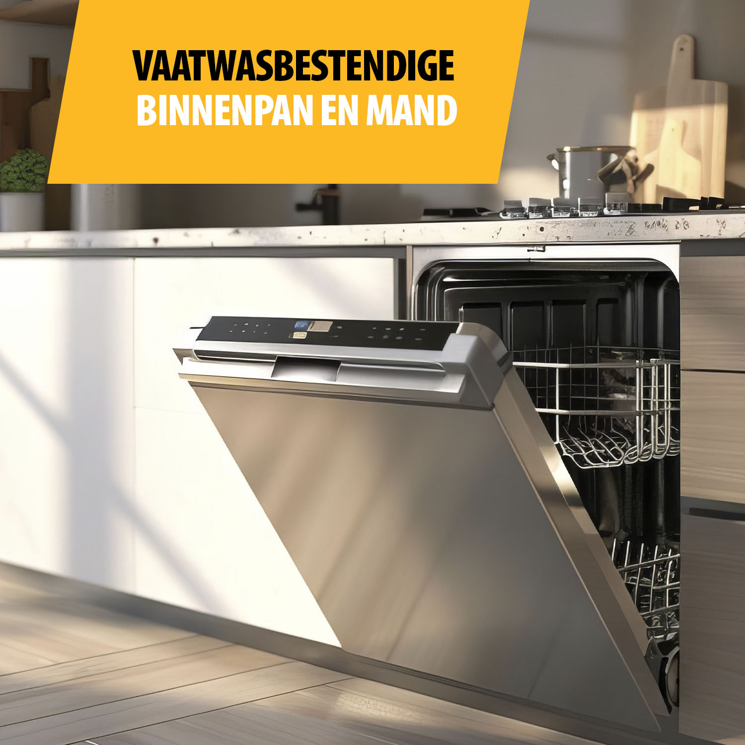 An open dishwasher in a modern kitchen. The door is open, revealing the interior racks. The text 'VAATWASBESTENDIGE BINNENPAN EN MAND' is visible.