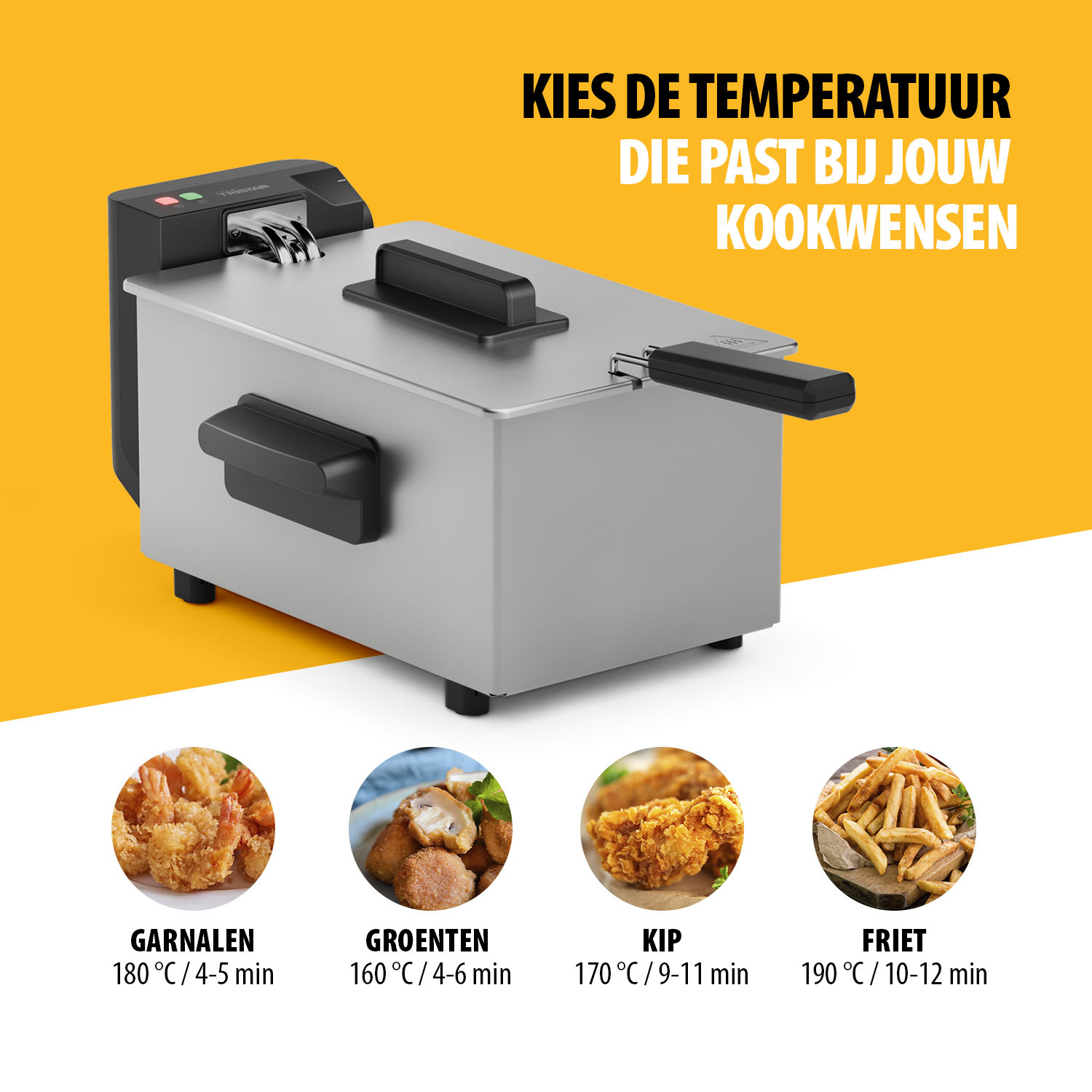 Deep fryer with shrimp, vegetables, chicken, and fries below. Text in Dutch: Choose the temperature that suits your cooking wishes.