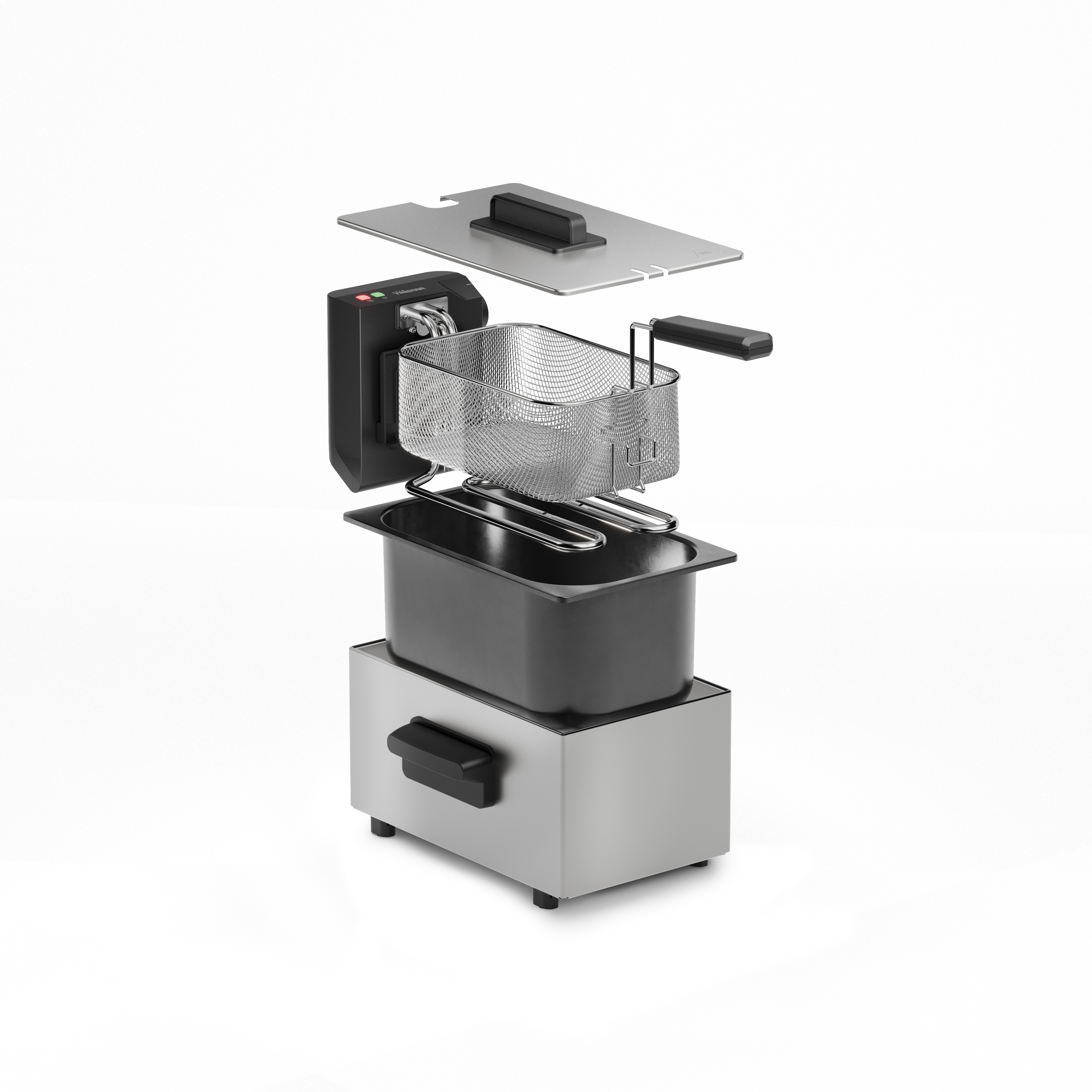 An exploded view of a deep fryer. It includes lid, basket, oil container, and base.