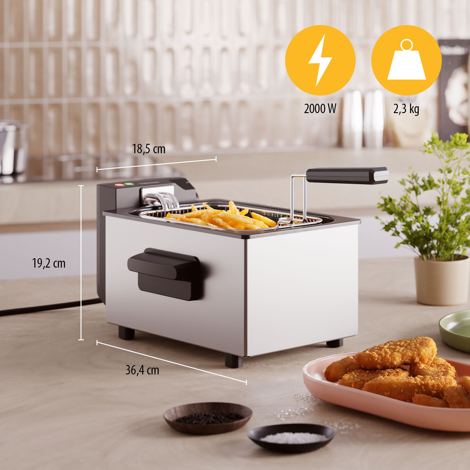 A stainless steel deep fryer with french fries inside, measuring 18.5x19.2x36.4cm. Beside it, there are nuggets, and small bowls with salt and pepper.