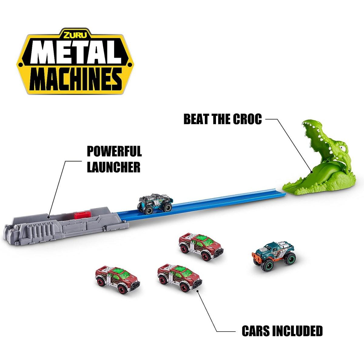 Juego de coches de juguete con lanzador, pista y cocodrilo. Incluye cuatro coches pequeños en rojo, azul y verde. El set se llama Metal Machines.