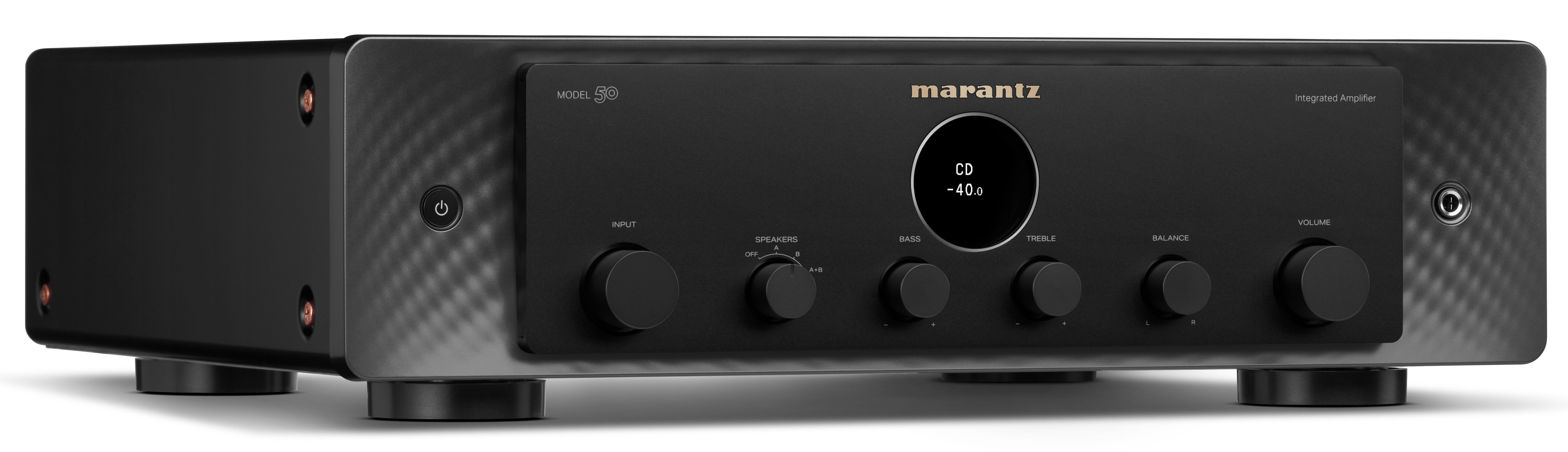 Siyah bir Marantz entegre amplifikatörü, düğmeler, tuşlar ve CD ve -40.0 gösteren bir ekran. Model 50.