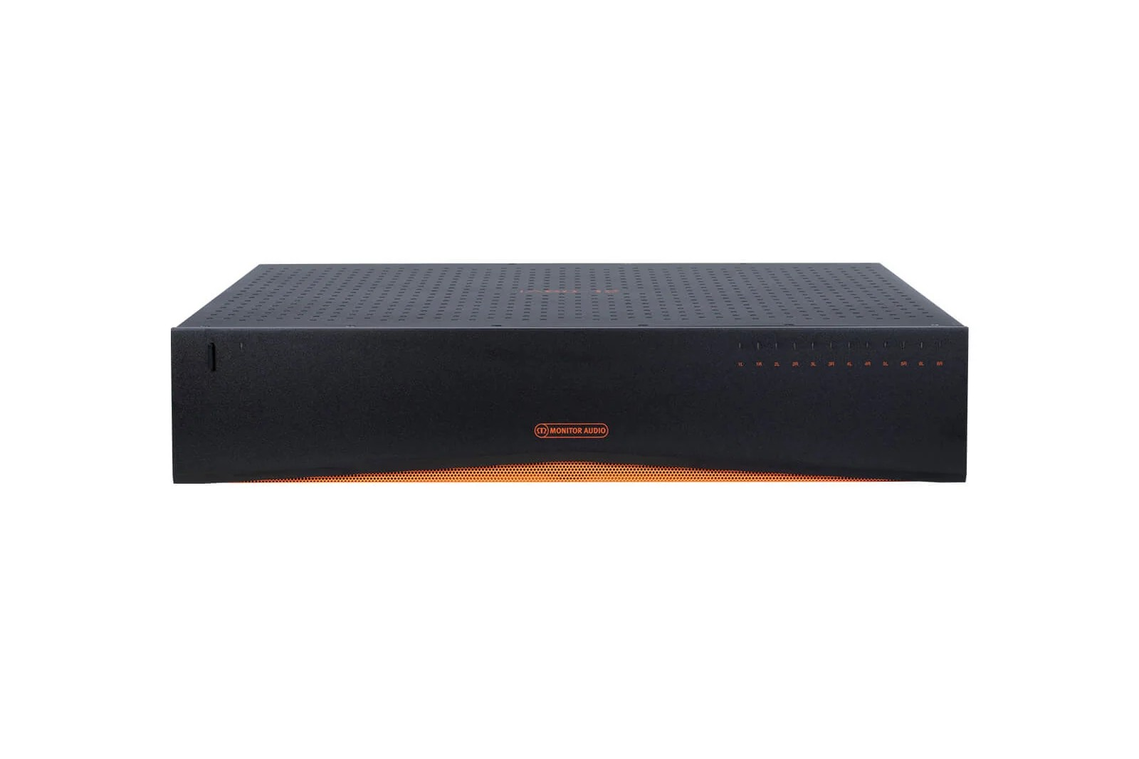 Delikli üstü olan siyah bir Monitor Audio amplifikatörü. Ön kısım, turuncu aydınlatma ve logolu kavisli bir tasarıma sahip.