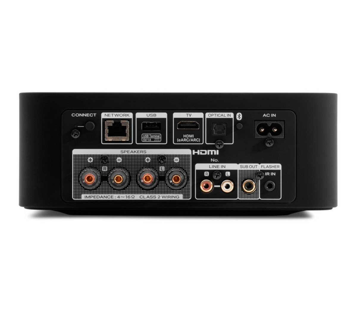 Çeşitli bağlantı noktalarına sahip siyah ses cihazı arka paneli: Connect, Network, USB, TV, Optical In, Speakers, HDMI, Line In, vb.