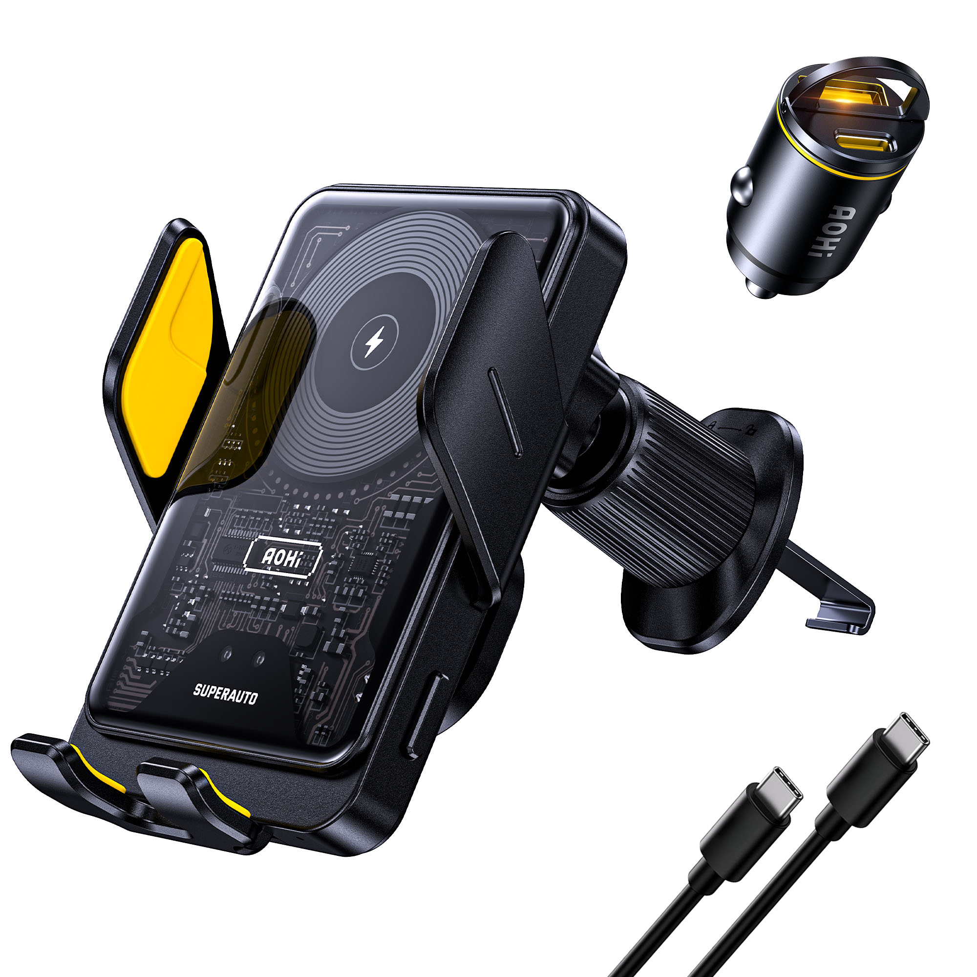 Kablosuz şarj pedi, USB-C kabloları ve araç şarj adaptörü bulunan bir araç telefon şarj cihazı görüntüleniyor.