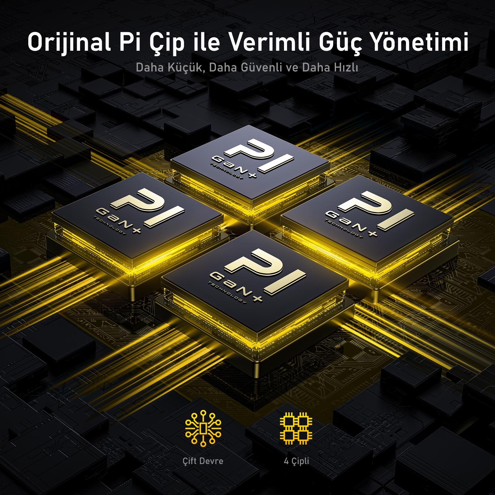 Görüntüde Pi logolu dört çip, bir devre kartı arka planı ve 'Verimli Güç Yönetimi' yazısı yer alıyor.