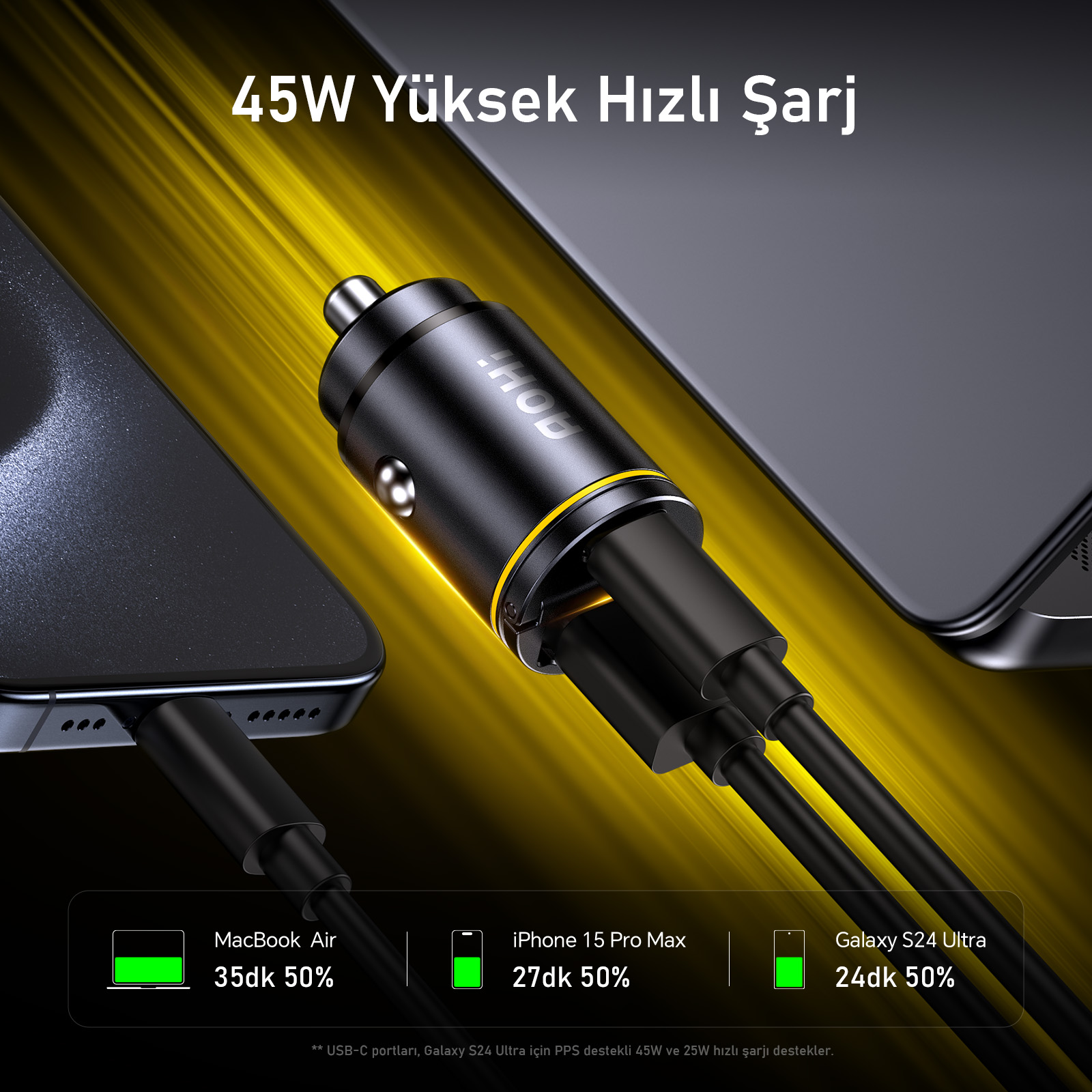 İki kablolu siyah bir araç şarj cihazı telefonlara takılı. Metin, şarj sürelerini ve pil yüzdelerini gösterir.