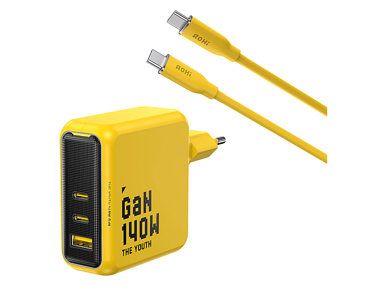 AOHI Youth  140W 1m PD 3.1 480Mbps Süper Hızlı Şarj/Data Kablosu Seti  140W 3 Portlu Şarj Adaptörü Sarı