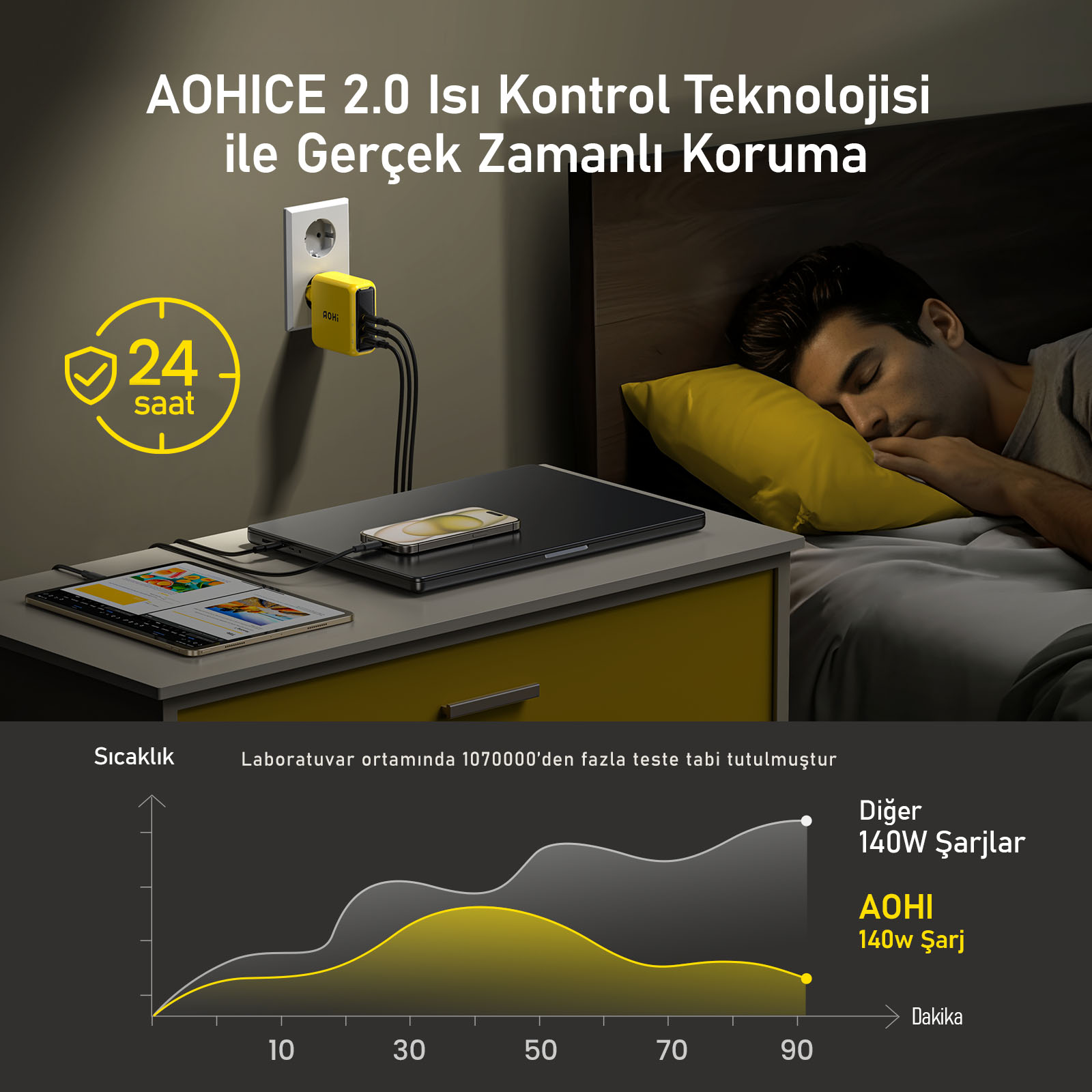 Bir adam, duvara takılı bir telefon, dizüstü bilgisayar ve sarı bir şarj cihazı ile bir komodinin yanında uyuyor. Bir grafik gösteriliyor.