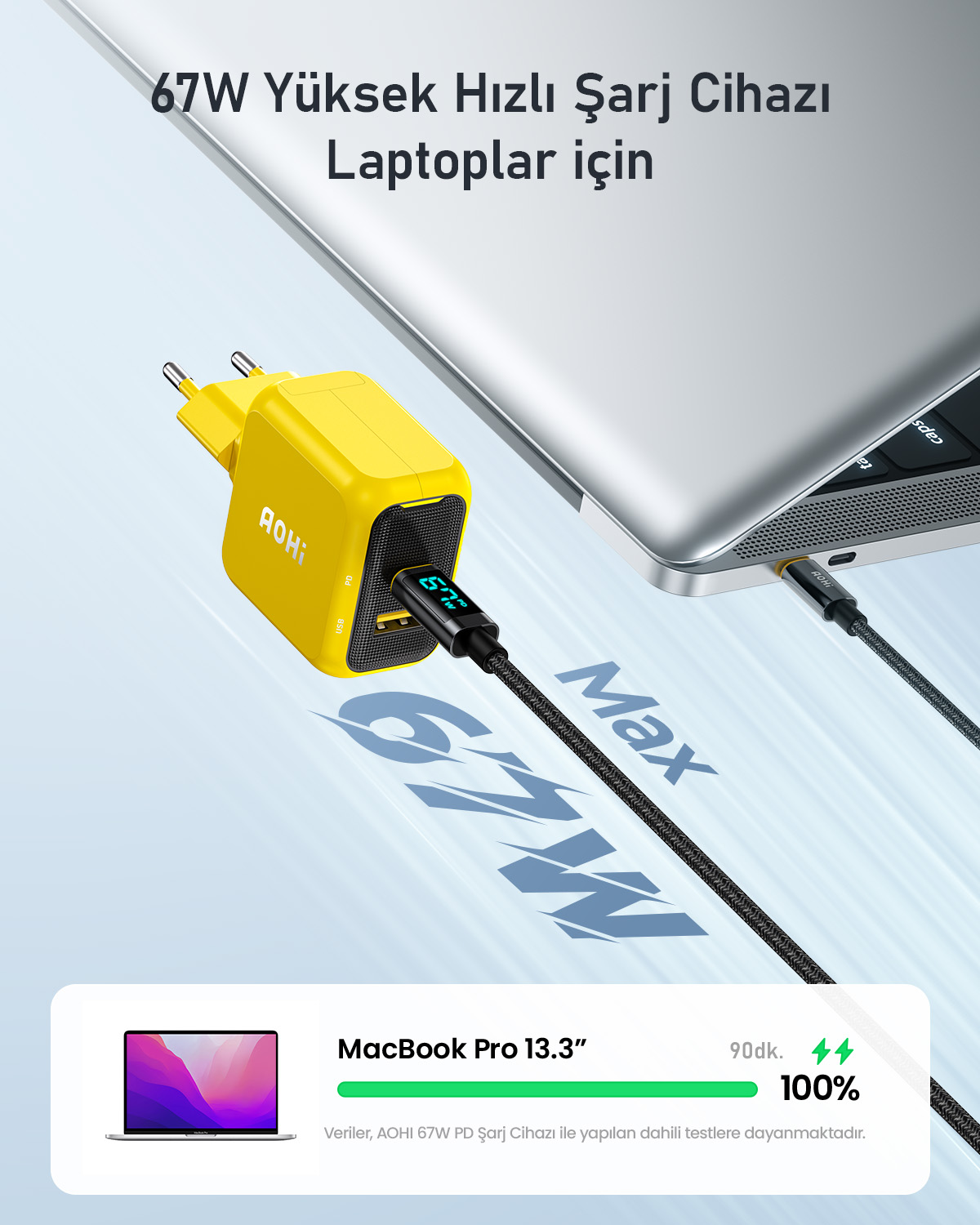 67W gösteren, bir MacBook Pro'ya bağlı sarı bir AOHI şarj cihazı. Dizüstü bilgisayar %100 şarjlı.