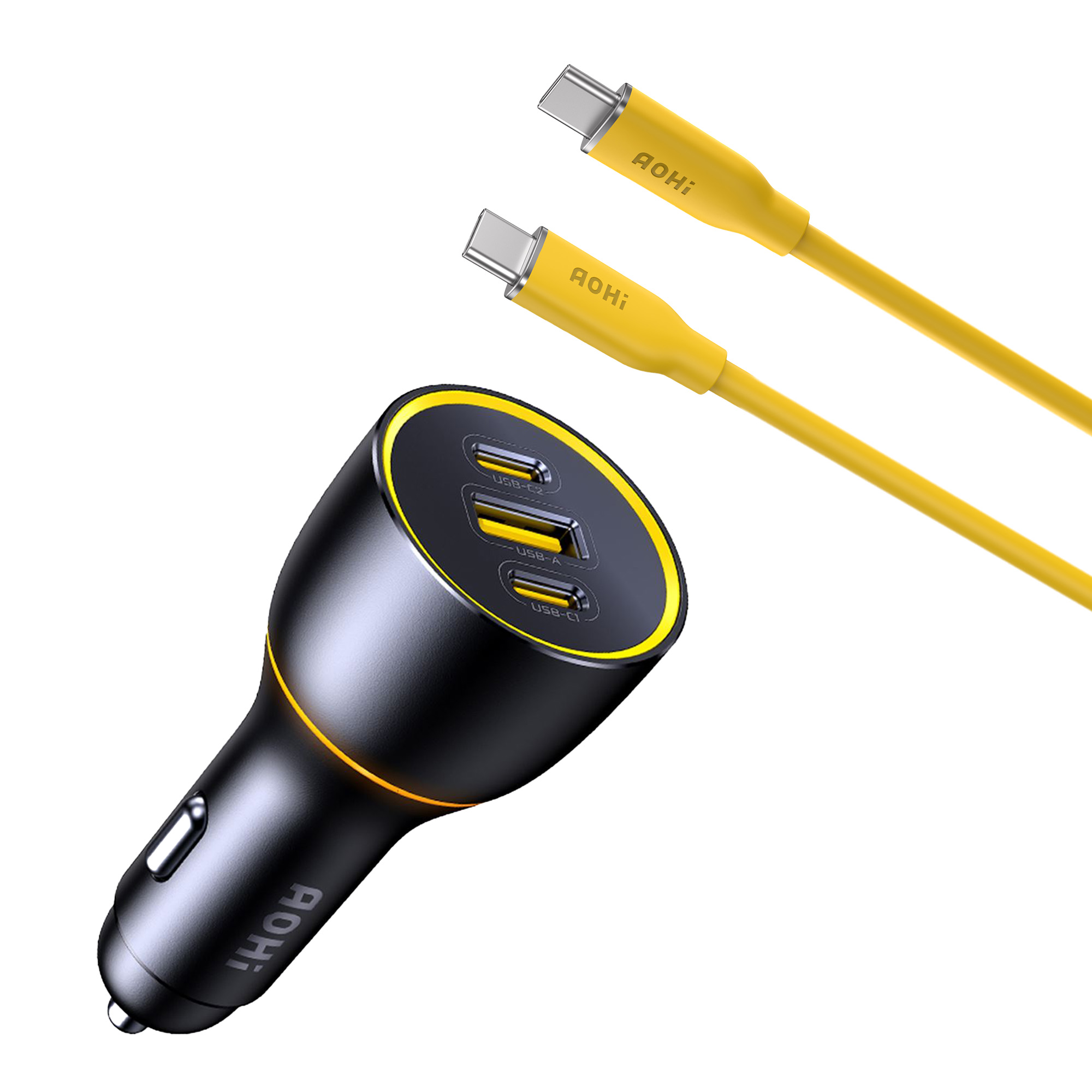 İki sarı USB kablosu olan bir araç şarj cihazı. Şarj cihazı siyahtır ve kablolar şarj cihazına bağlıdır.