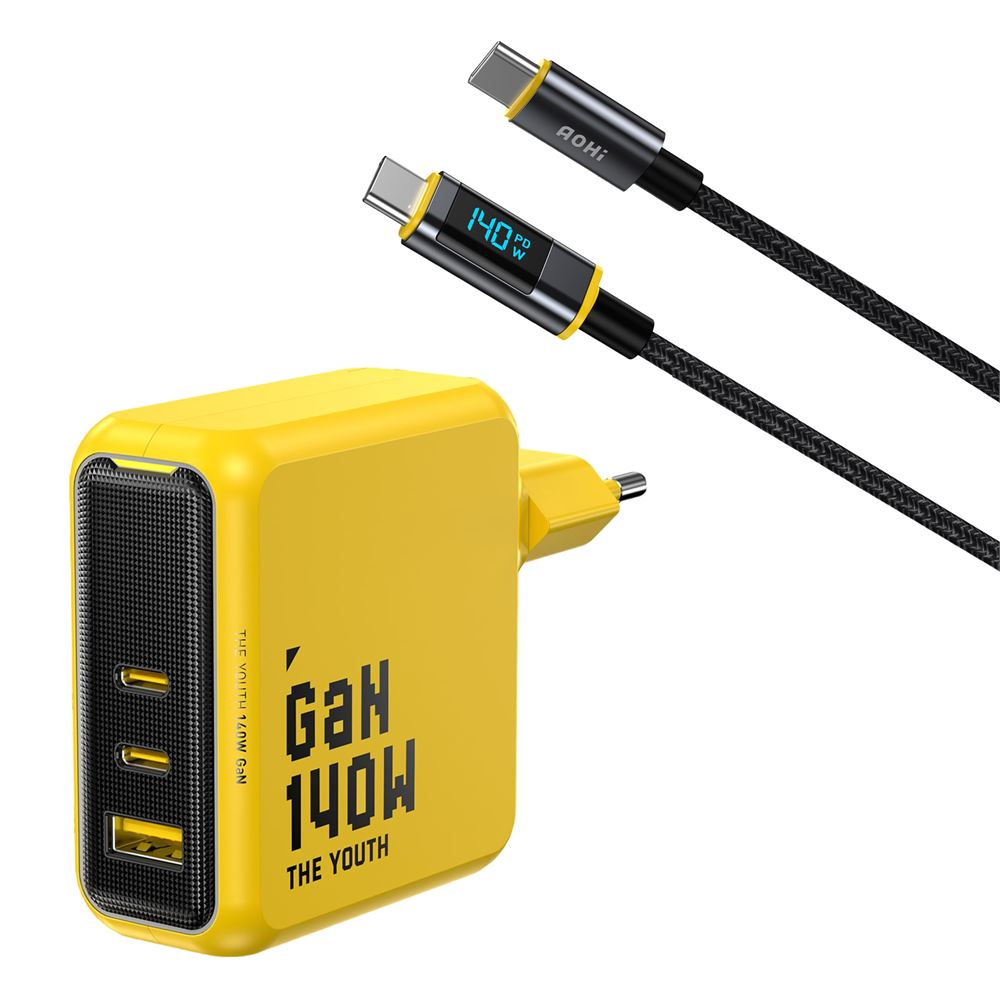 AOHI Youth 140W 3 Portlu Şarj Adaptörü, 140W LED Ekranlı Naylon Örgülü Süper Hızlı Şarj Kablosu Sarı