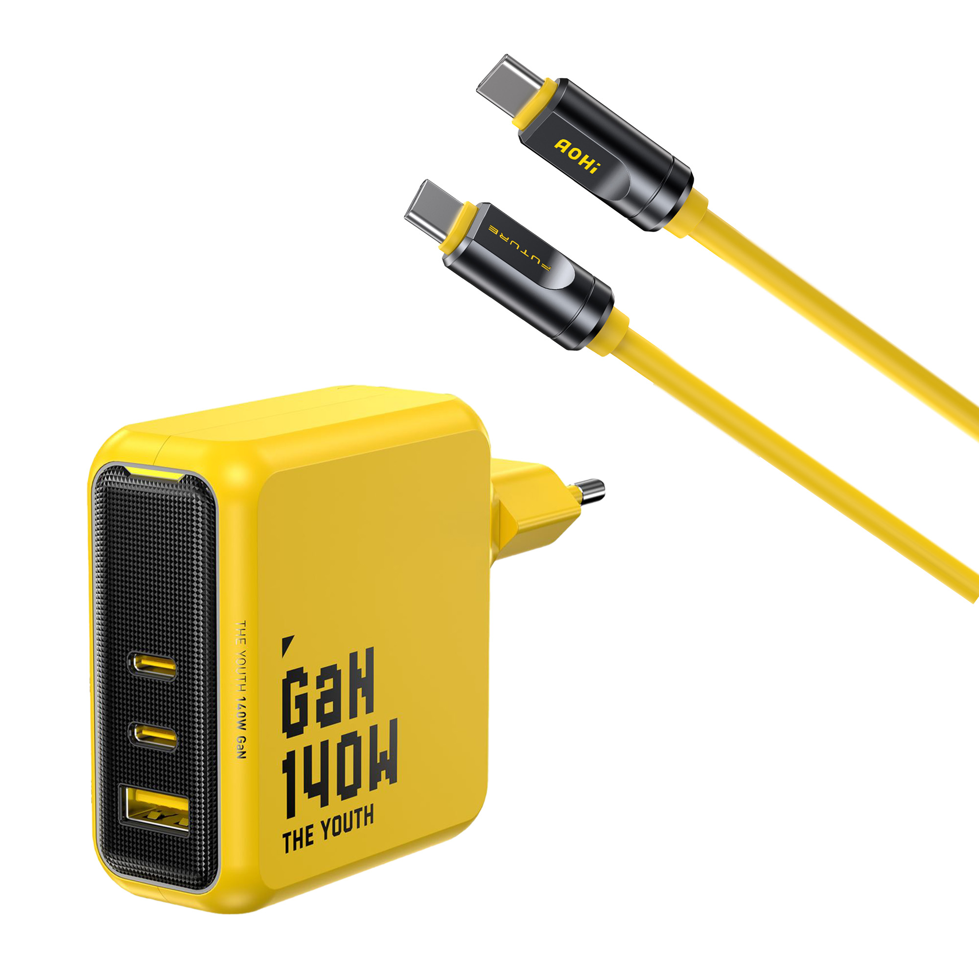 Sarı şarj cihazı ve siyah kablolar. Kabloların siyah uçları ve sarı telleri var. Şarj cihazında USB bağlantı noktaları ve bir fiş var.