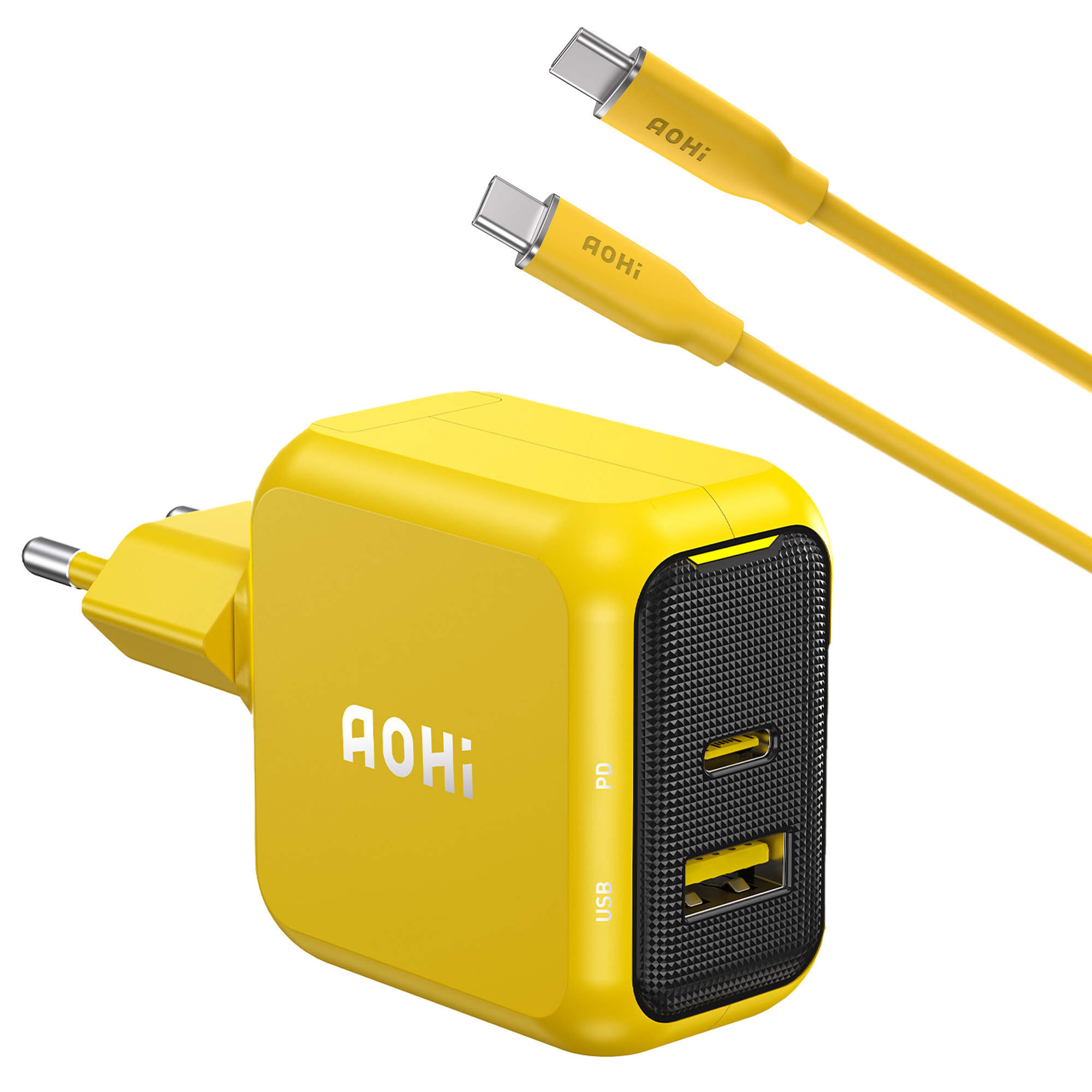 Sarı bir AOHi şarj cihazı ve iki sarı kablo. Şarj cihazında USB ve PD portları var. Beyaz arka plan.