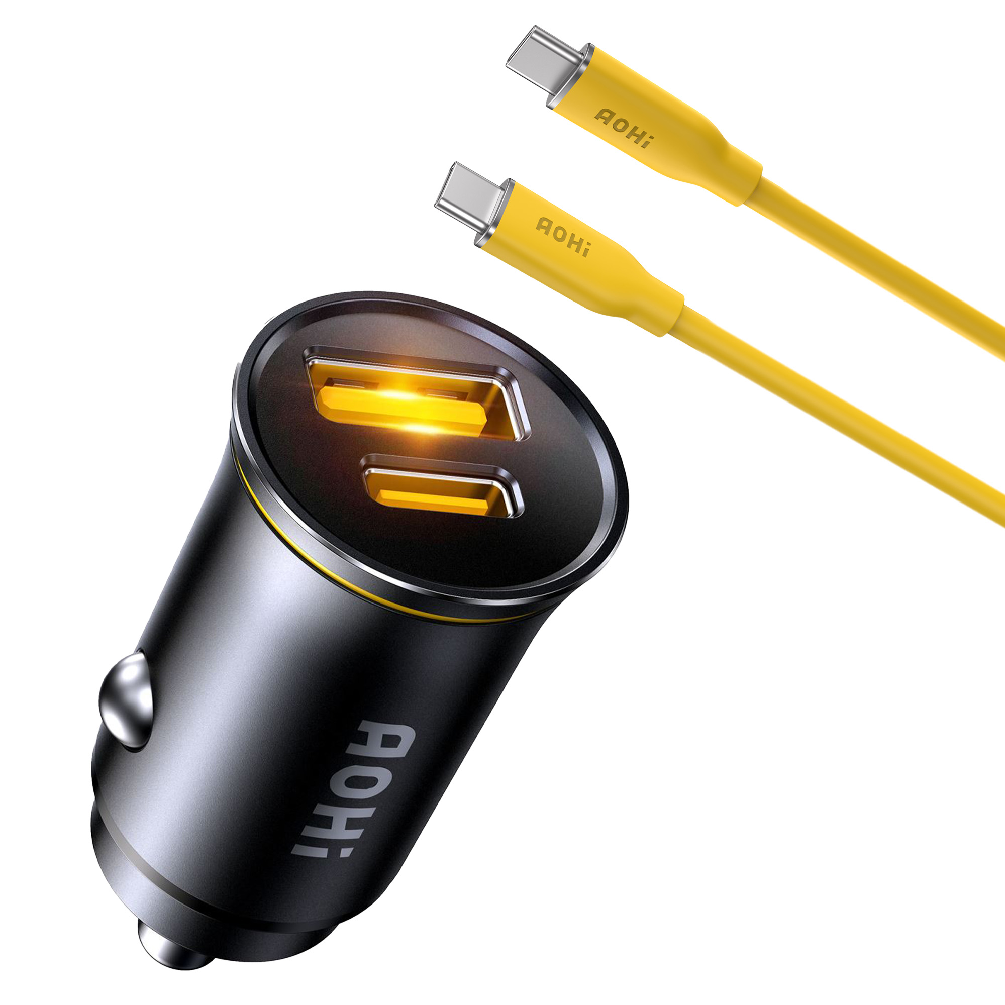 Sarı kablolu siyah araç şarj cihazı. Şarj cihazında iki USB portu bulunur. Kablolar USB-C konektörlerine sahiptir.
