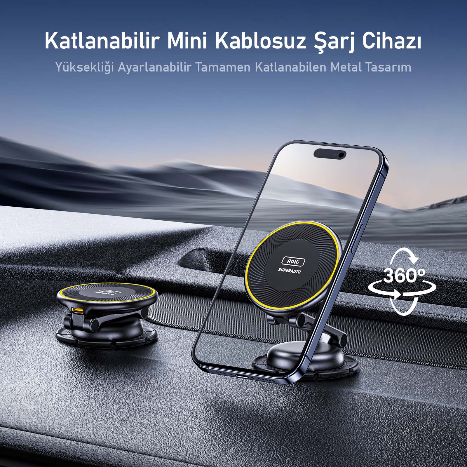 Bir telefon şarj standı, telefon, siyah ve sarı detaylar, stand 360 derece döner.