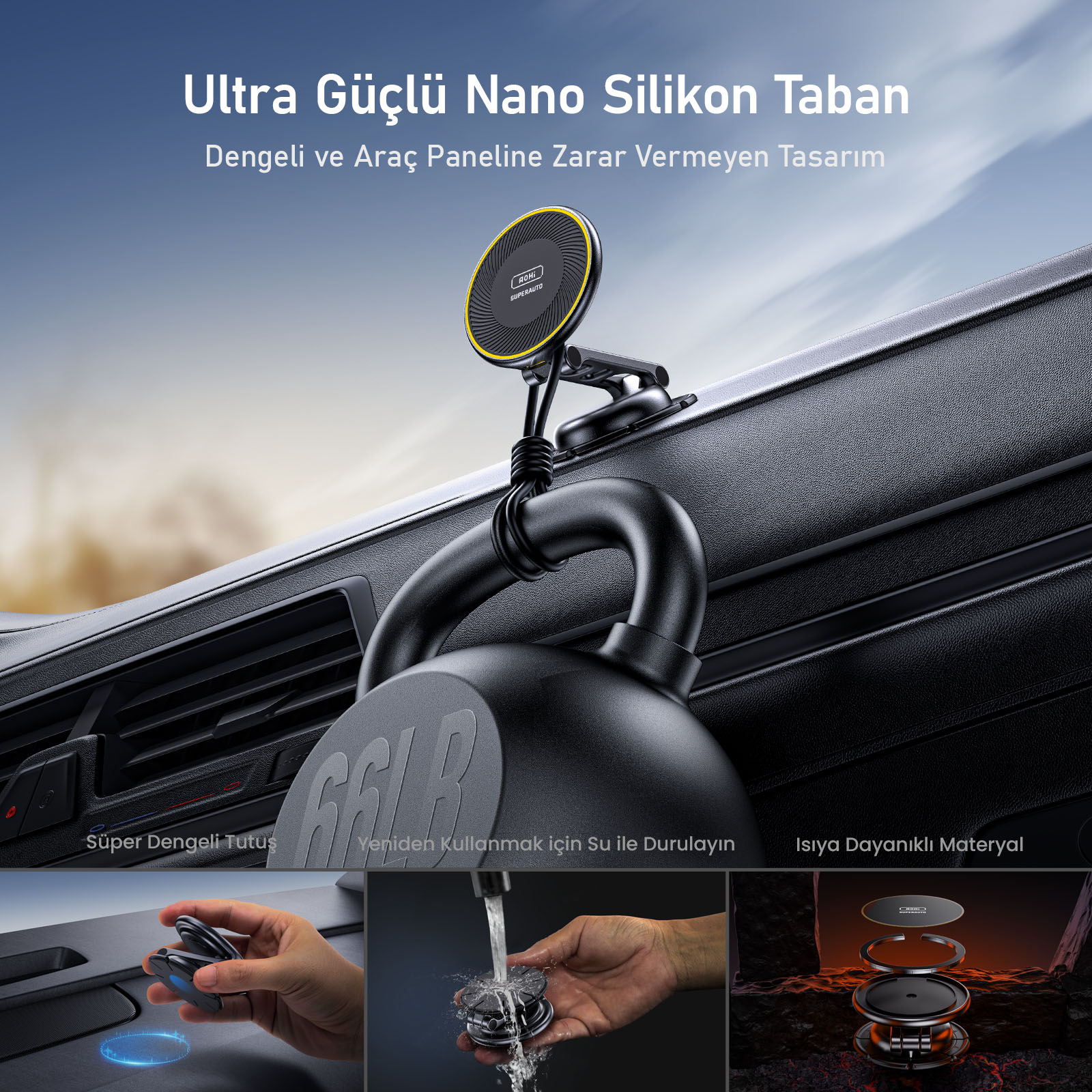 Siyah ve sarı tasarımlı araç telefon tutucu. Araç gösterge paneline monte edilmiş bir telefon tutucuyu gösterir.