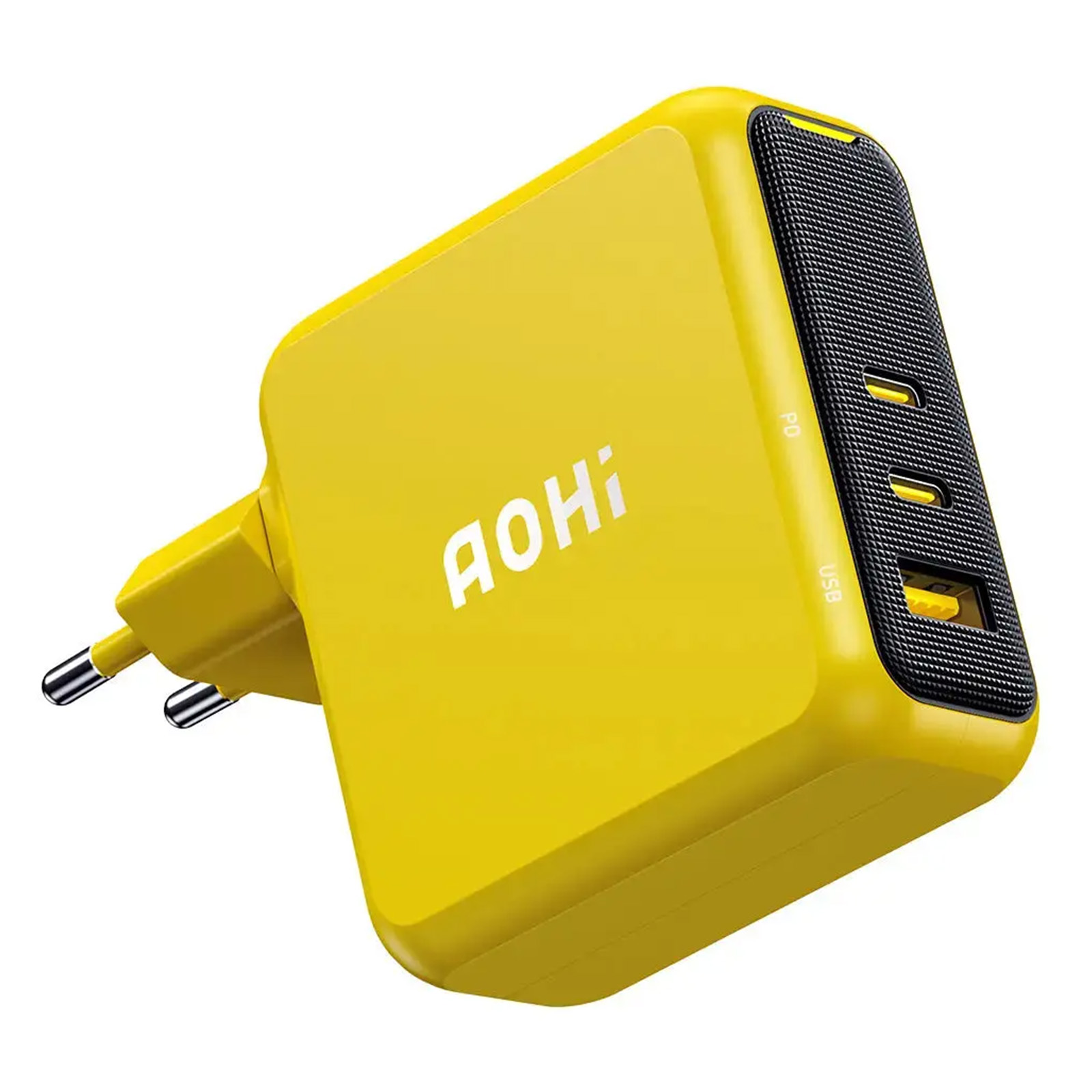 İki USB portu ve fişi olan sarı AOHi şarj cihazı. Portlar için siyah bir file alanı ve beyaz AOHi logosu var.