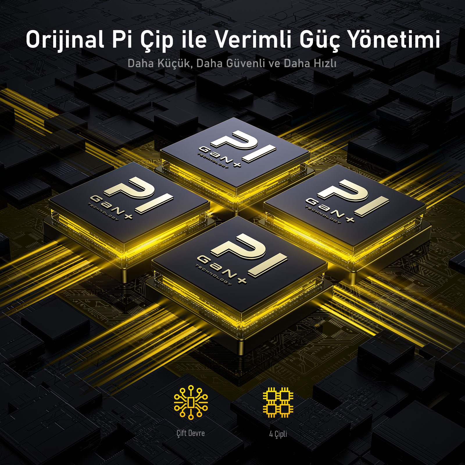 Metinli bir devre kartı arka planında dört siyah ve altın Pi çipi. Çiplerde bir PI logosu ve GaN+ Teknolojisi bulunur.