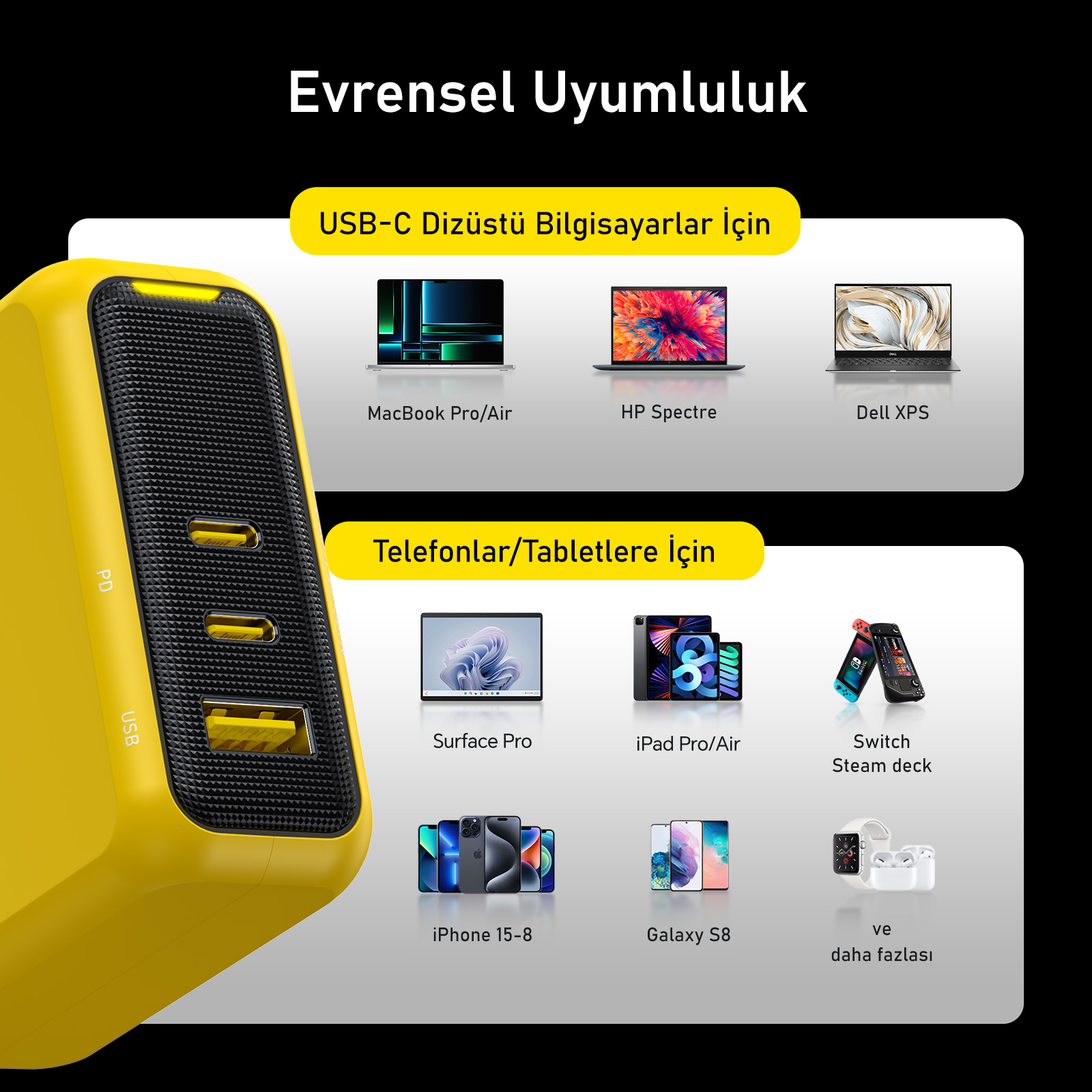 Sarı şarj cihazı, USB portlu. Evrensel uyumluluk için dizüstü bilgisayarlar, tabletler, telefonlar ve daha fazlasını gösterir.