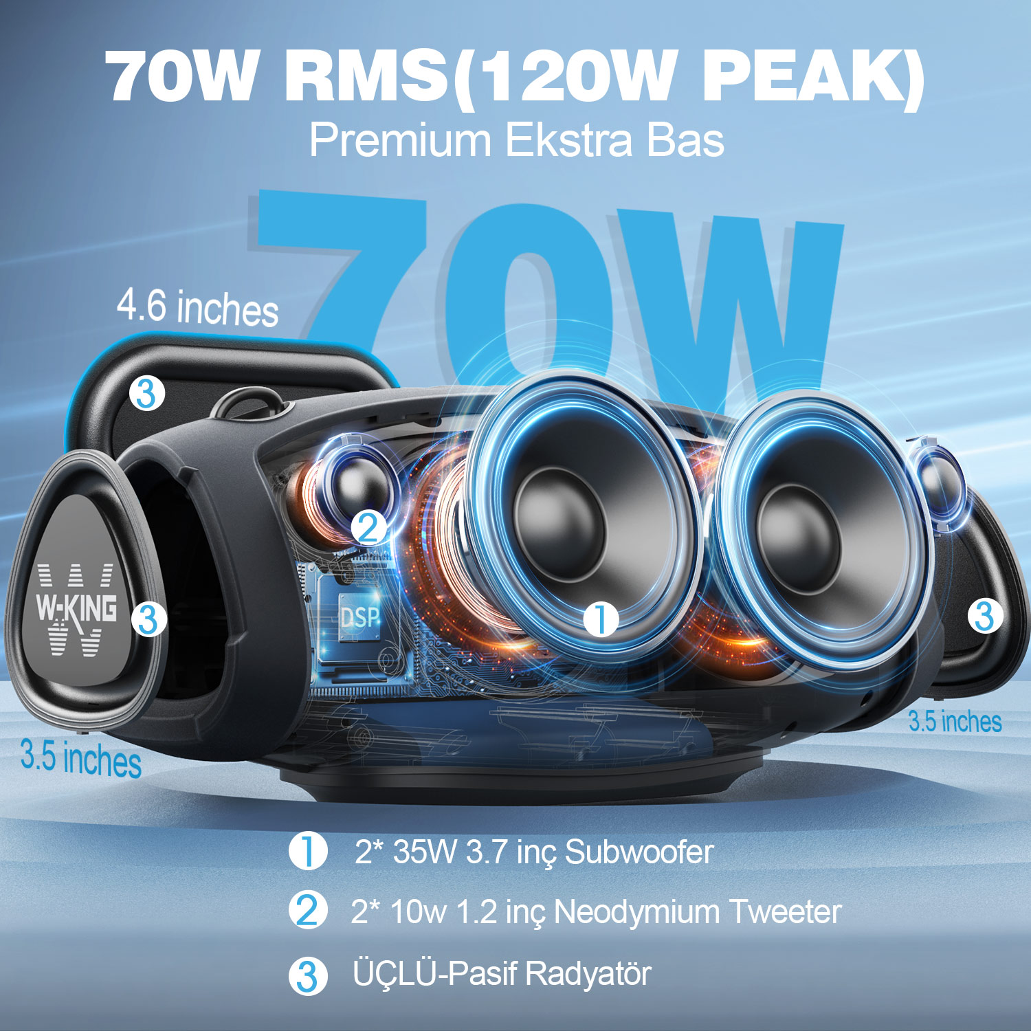 Üç hoparlörlü bir hoparlör sistemi. Etiketler özellikleri gösterir: subwoofer'lar, tweeter'lar ve pasif radyatörler. Metin çıkış gücünü gösterir.
