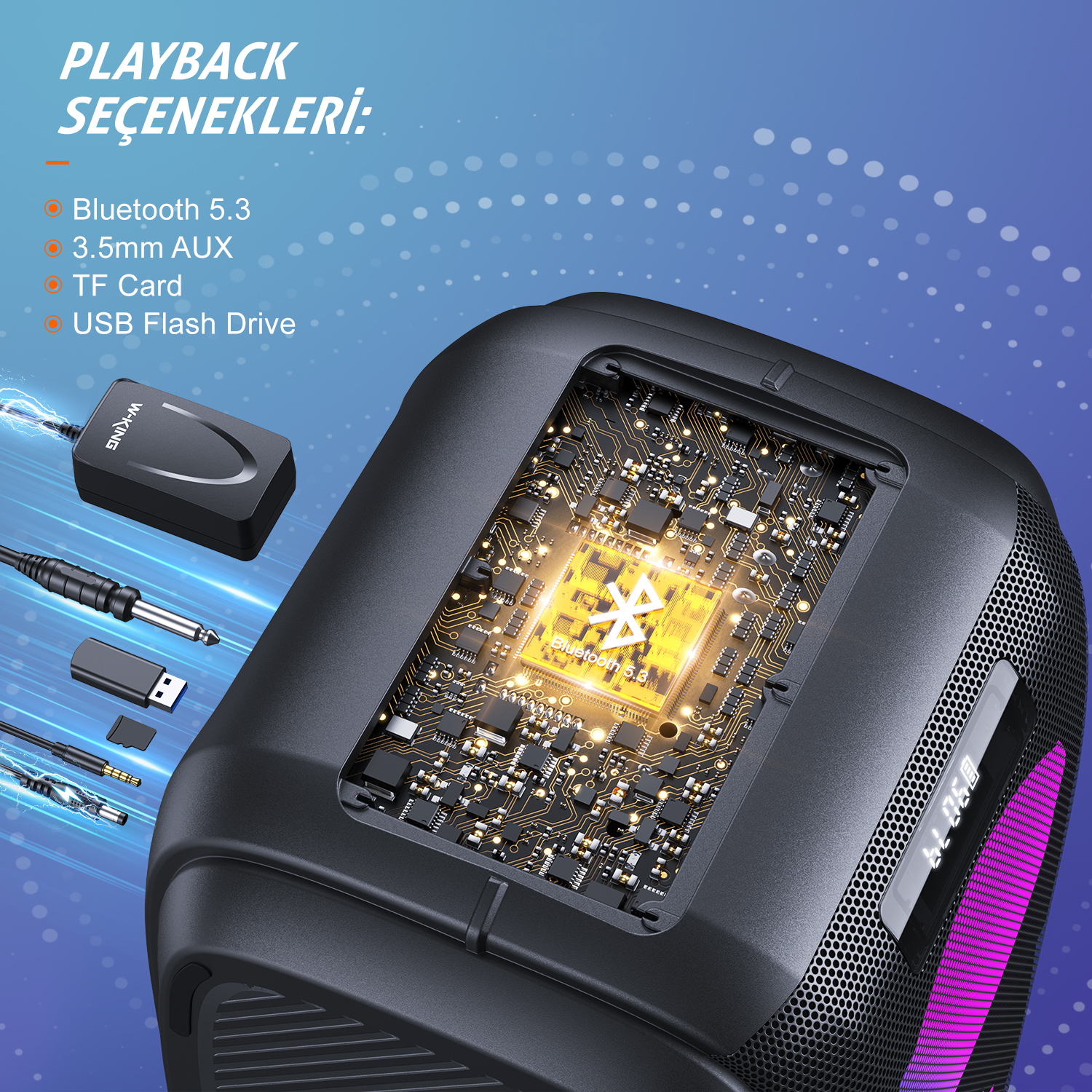 Siyah bir hoparlör, oynatma seçeneklerini gösteriyor: Bluetooth 5.3, 3,5 mm AUX, TF Kartı ve USB Flash Sürücü. Bir devre kartı görünüyor.