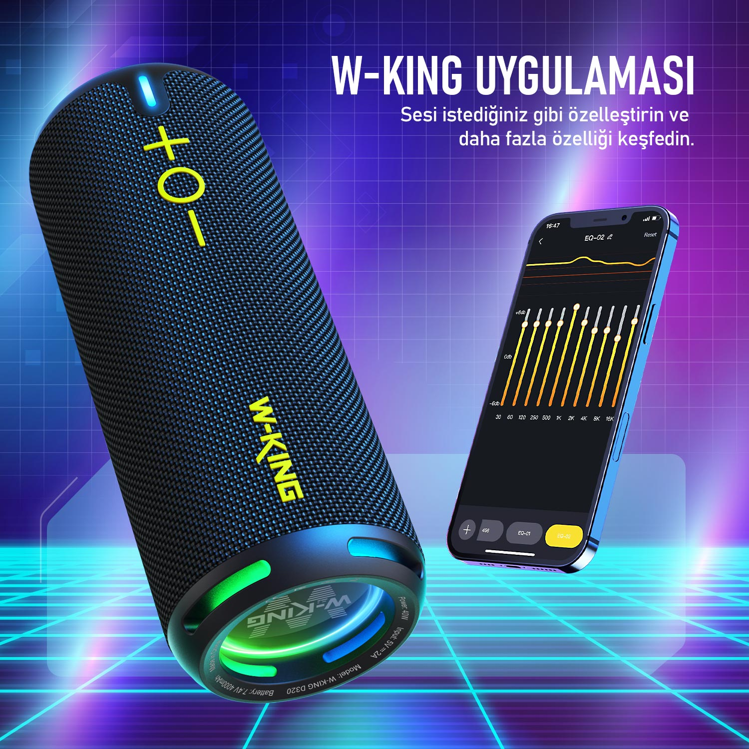 W-KING D320 40W 360° Surround Boombox Taşınabilir Hoparlör Siyah
