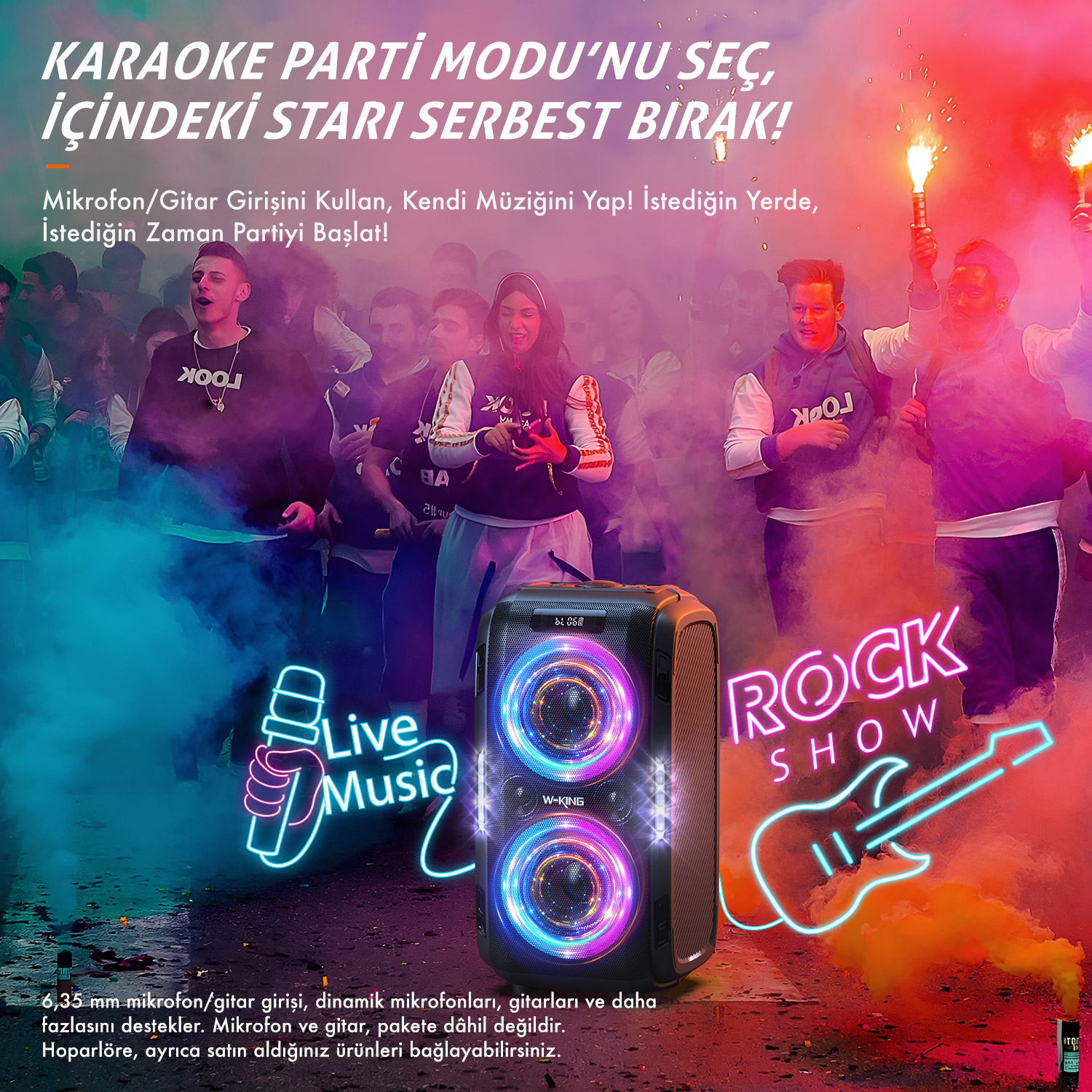 Neon ışıklı bir hoparlör, bir grup insan ve Türkçe metin. İnsanlar meşale tutuyor. Metinde karaoke partisi yazıyor.