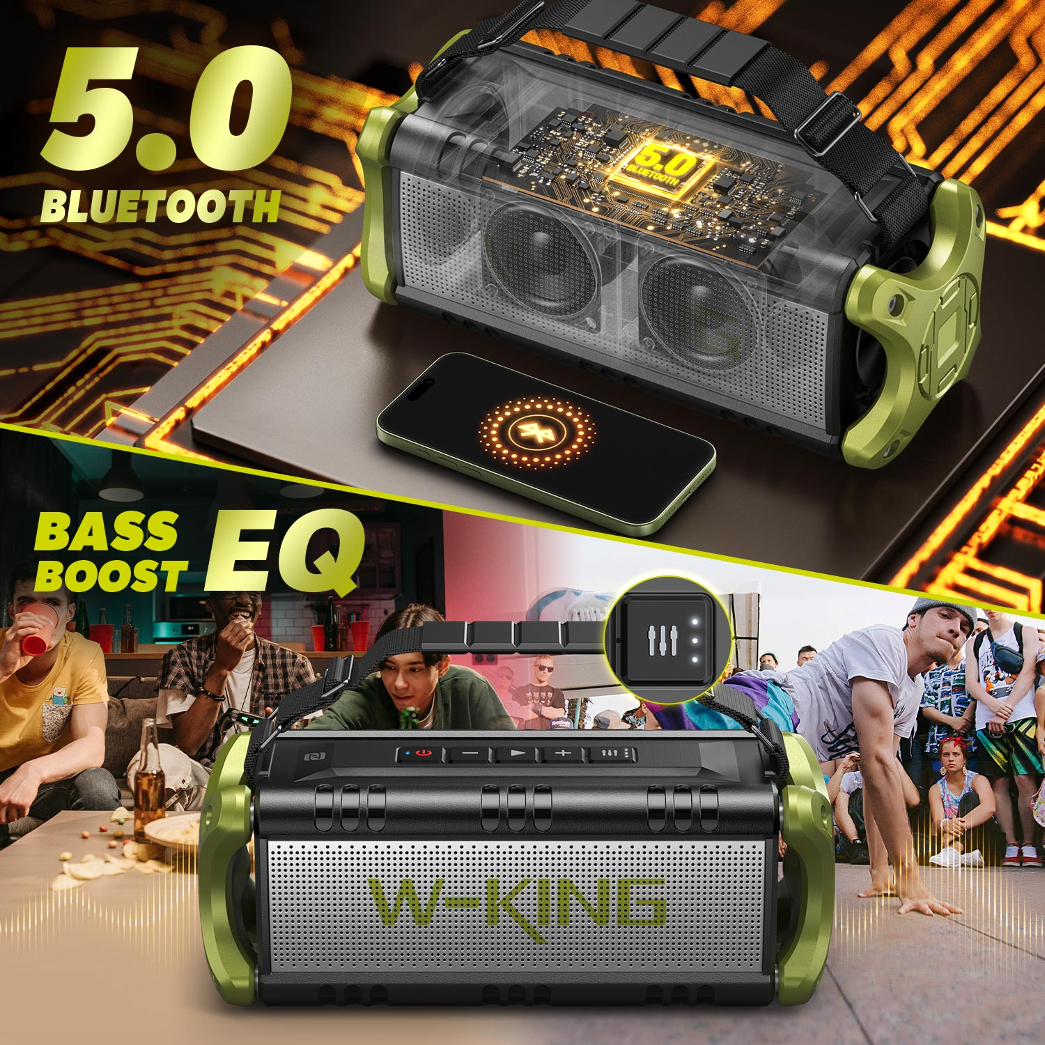 Yeşil ve siyah hoparlör, arka planda bir akıllı telefon ve insanlarla, metin: 5.0 Bluetooth, Bass Boost EQ, W-KING.