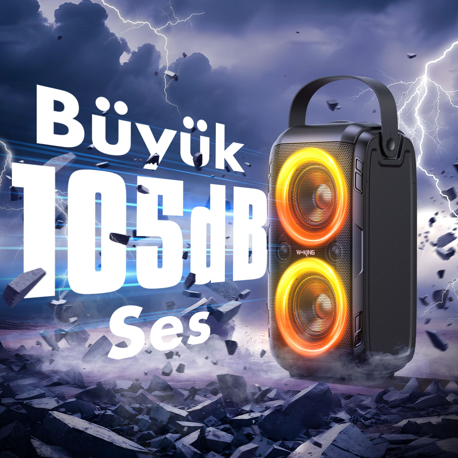 Turuncu parlayan hoparlörlü siyah bir hoparlör, kayalık bir yüzeyde duruyor. Şimşek ve Türkçe metin görünüyor.