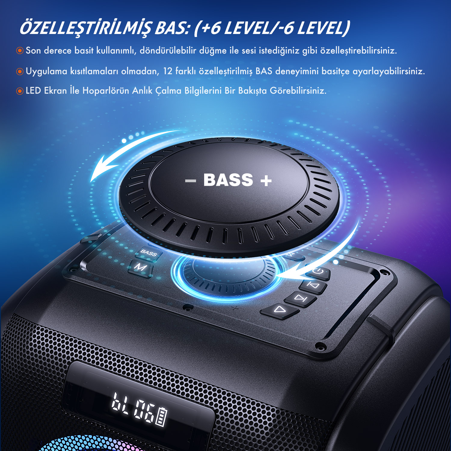Dijital ekranlı ve kontrol düğmeli siyah bir hoparlör. Bir düğmede "BASS" yazıyor. Metin, bas özelleştirme seçeneklerini belirtir.