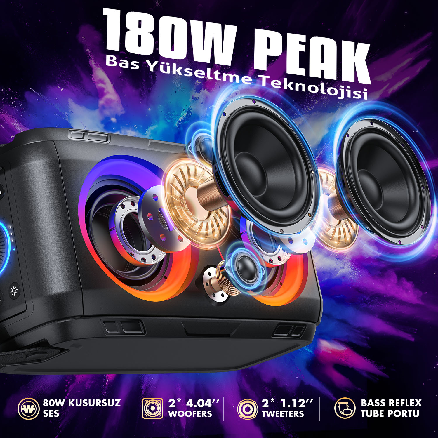 W-KING T9-2 180W Partybox Ultra Bass Taşınabilir Hoparlör Siyah