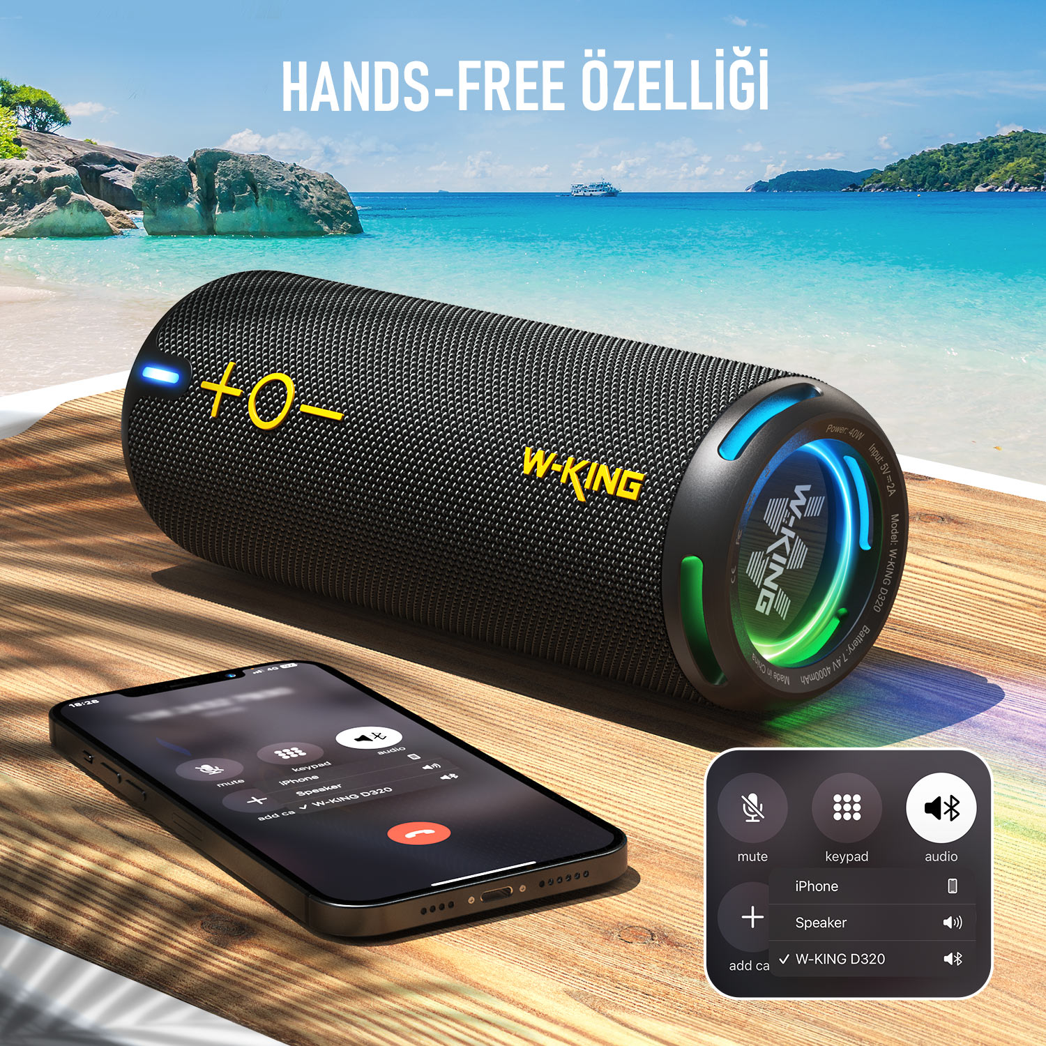 W-KING D320 40W 360° Surround Boombox Taşınabilir Hoparlör Siyah