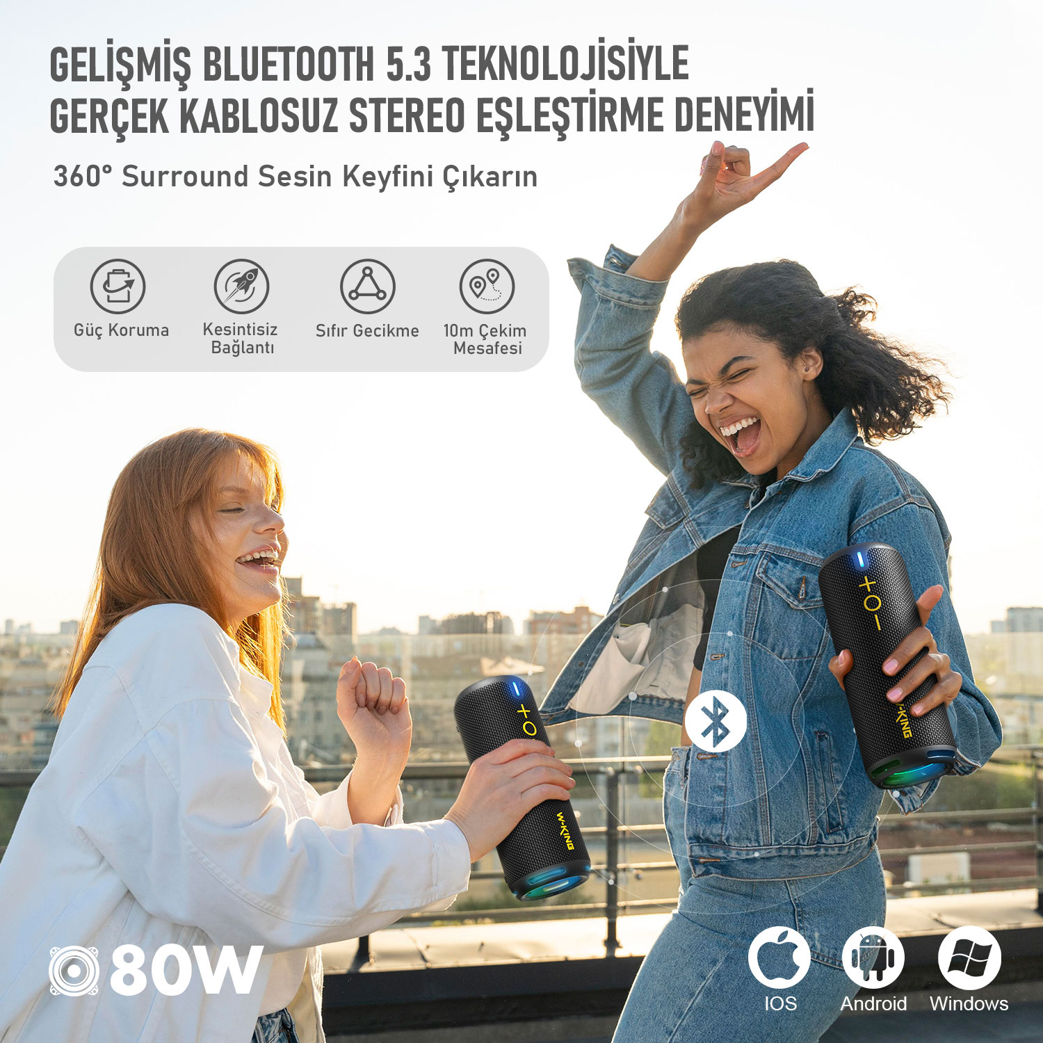 İki kadın hoparlörlerle kutlama yapıyor. Metin, Bluetooth teknolojisini tanıtıyor. IOS, Android ve Windows simgeleri görüntüleniyor.