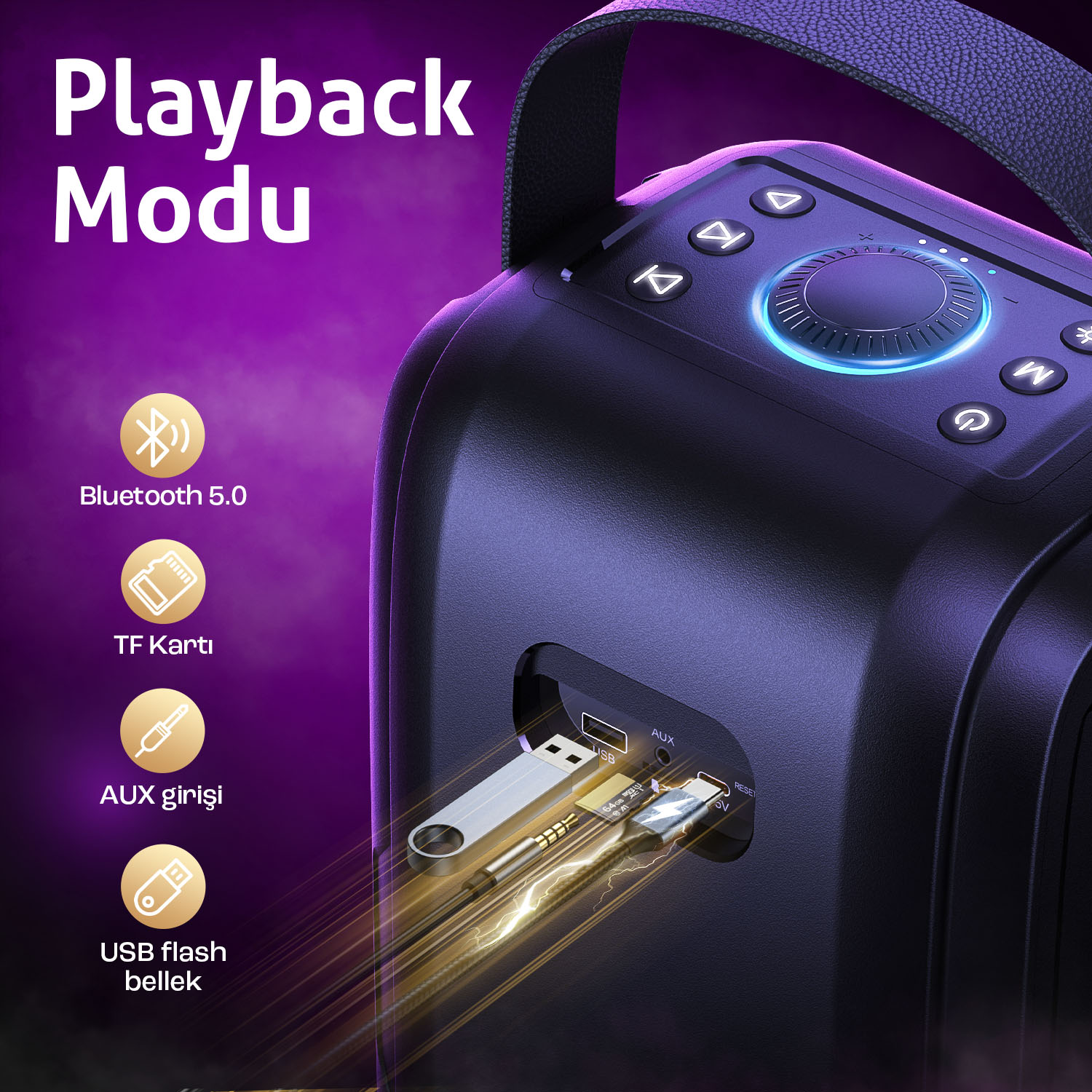 Siyah hoparlör, düğmeler, USB sürücü ve Bluetooth, TF kartı, AUX ve USB flash sürücü etiketleri, mor arka plan üzerinde.