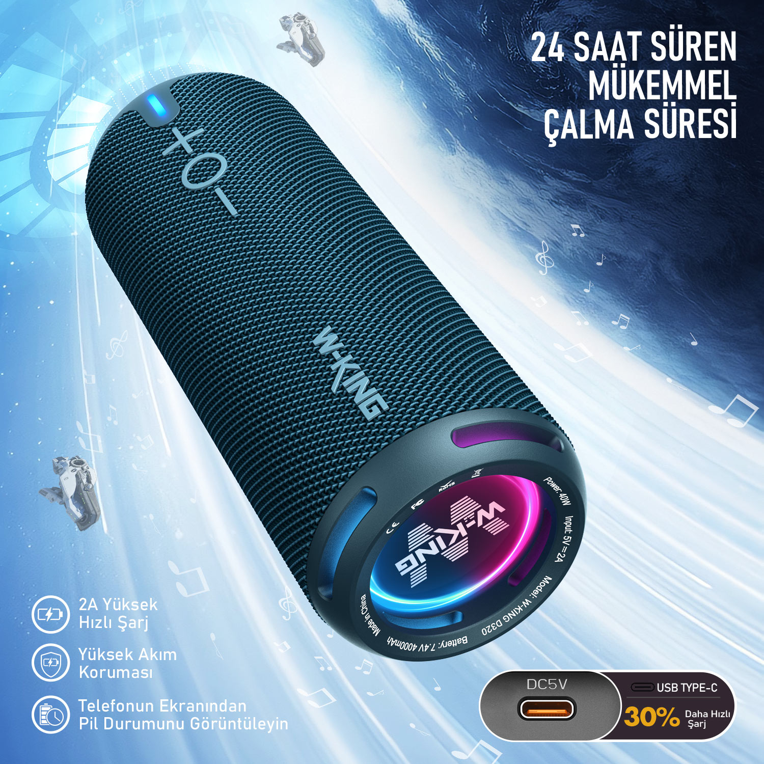 'W-KING' markalı mavi silindirik bir hoparlör, pil ve şarj özellikleri hakkında metin içeriyor. Arka planda müzik notaları.