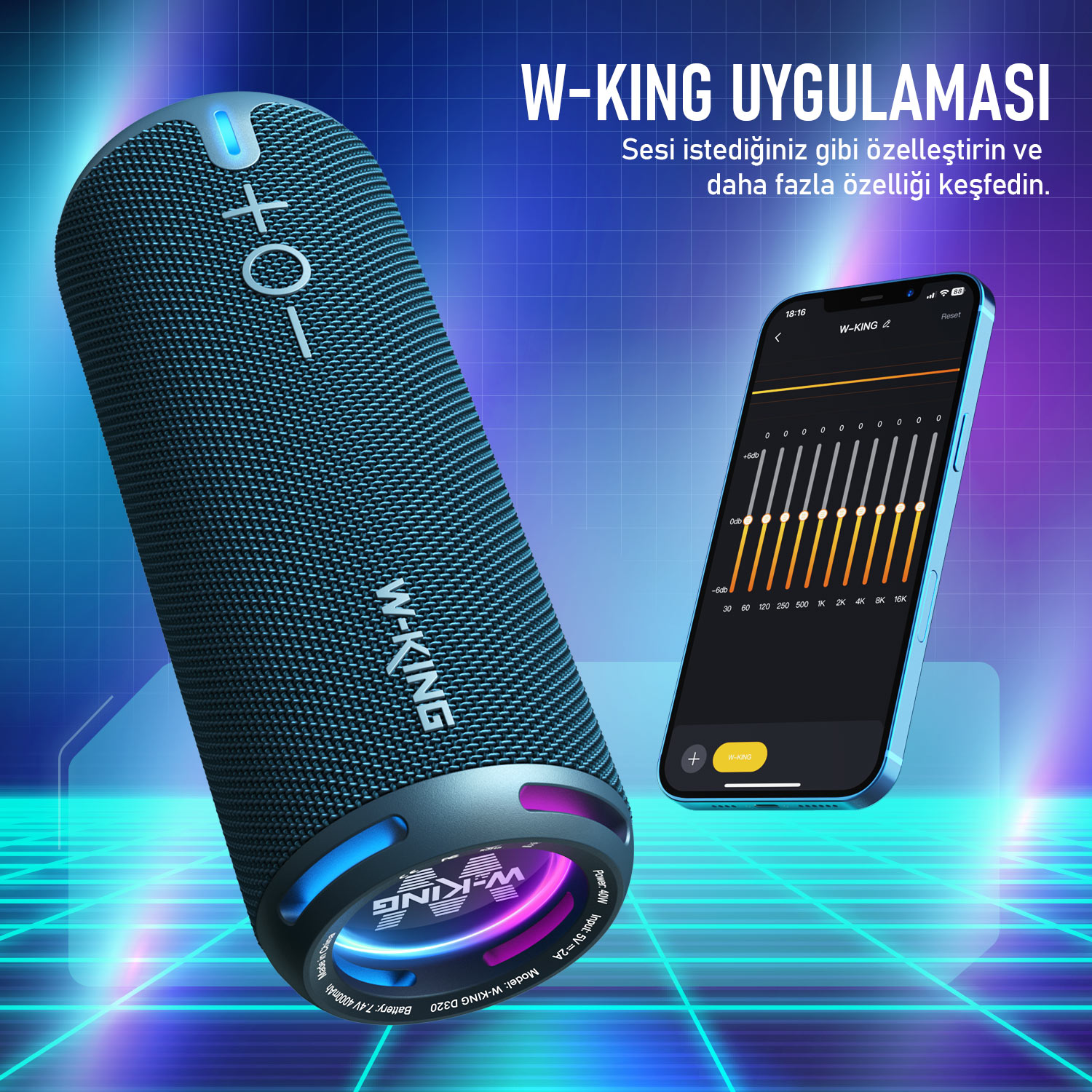 Bir W-King hoparlörü ve bir ekolayzır uygulaması olan bir telefon, Türkçe destekleyici metinle birlikte görüntüleniyor.